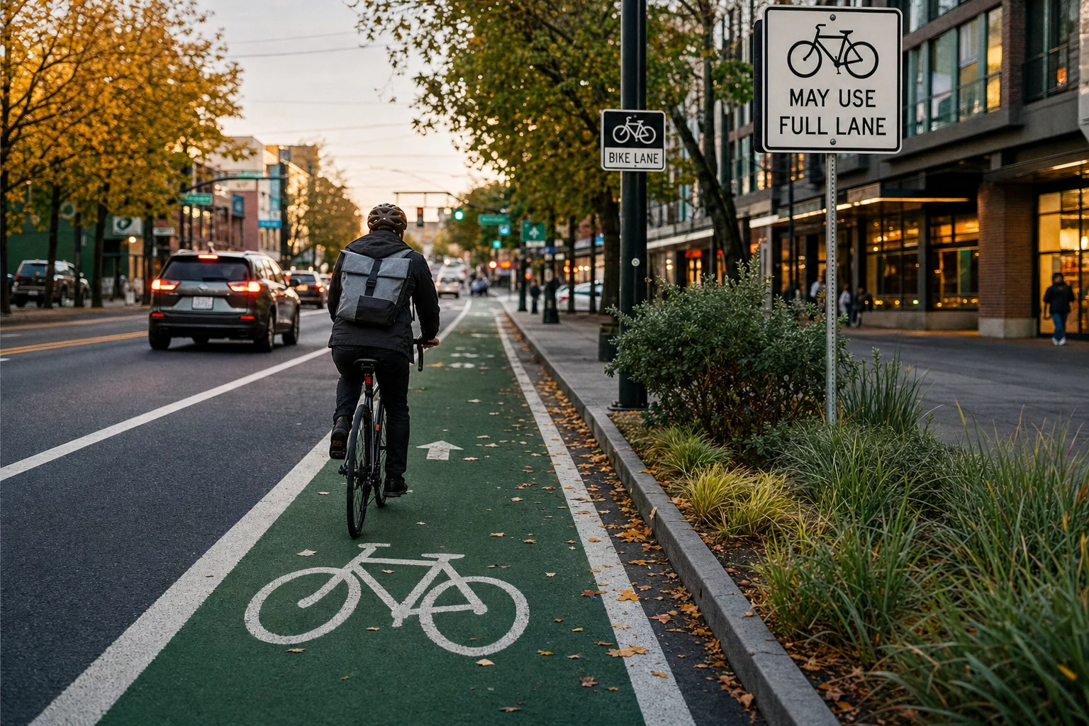 A cyclist navigating a city street with clearly marked bike lanes.