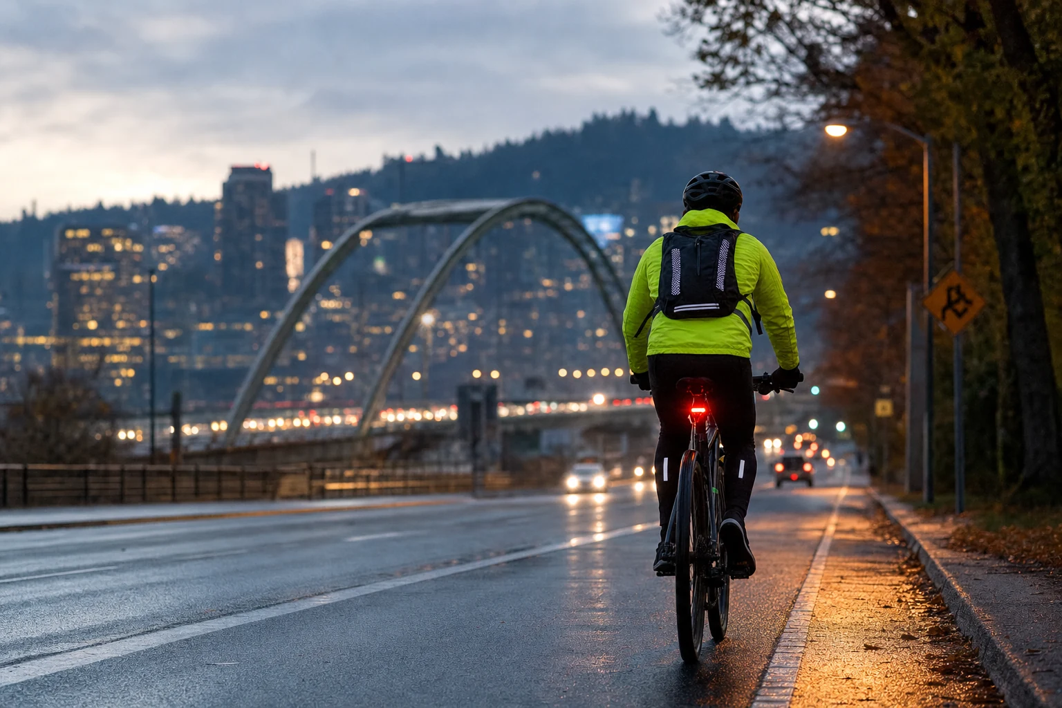 A cyclist wearing reflective clothing and helmet, riding a bike equipped with front and back lights during dusk, symbolizing enhanced visibility for preventing accidents
