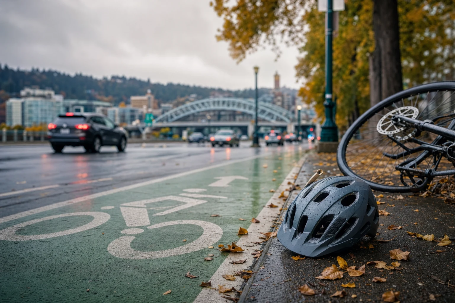 Bicyclist wearing safety gear navigating a busy street in Portland, emphasizing the need for cyclist awareness to prevent accidents.
