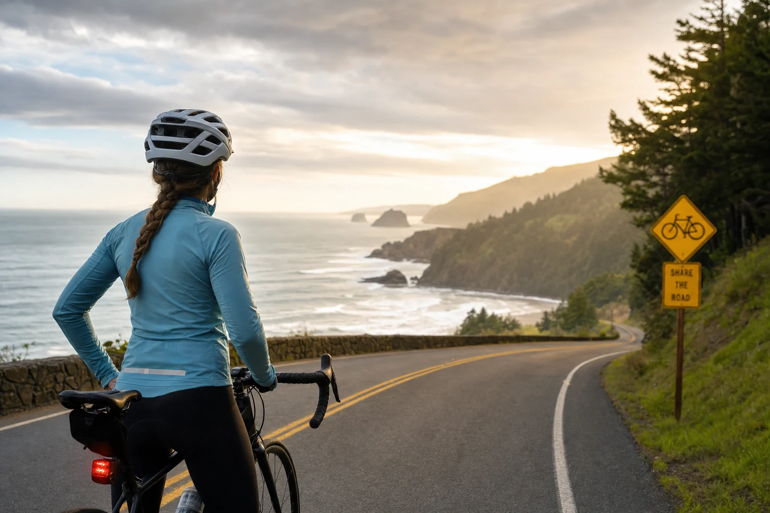 An image of a cyclist riding along one of Oregon's scenic routes, wearing a helmet and reflective gear, obeying traffic laws.