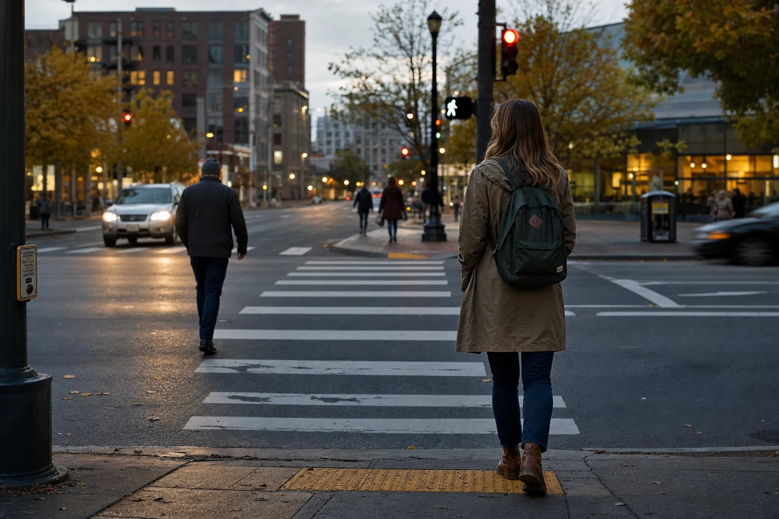 An image illustrating a pedestrian accident scene at an intersection with emergency services present.