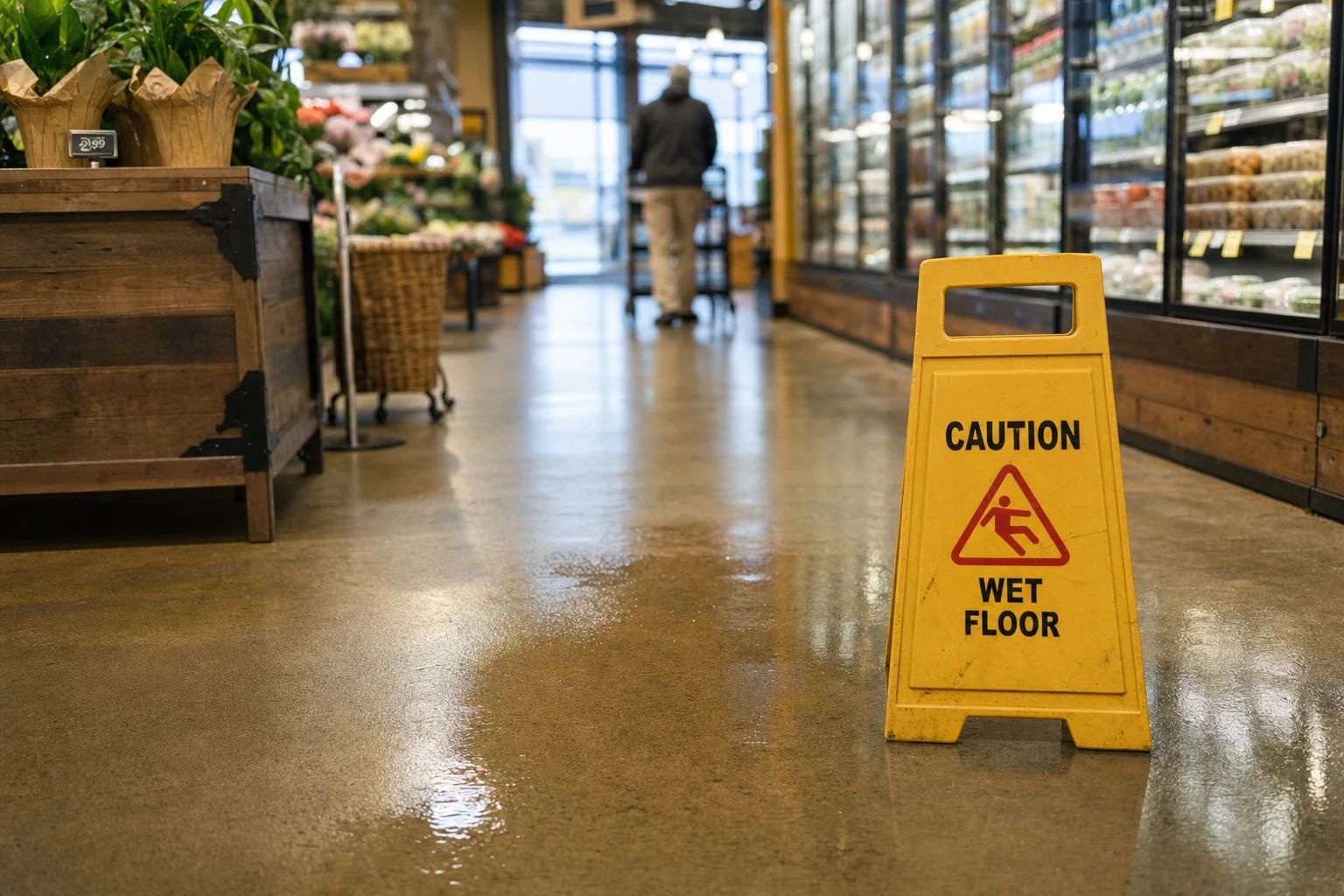 Store aisle with a 'Wet Floor' sign indicating a potential hazard
