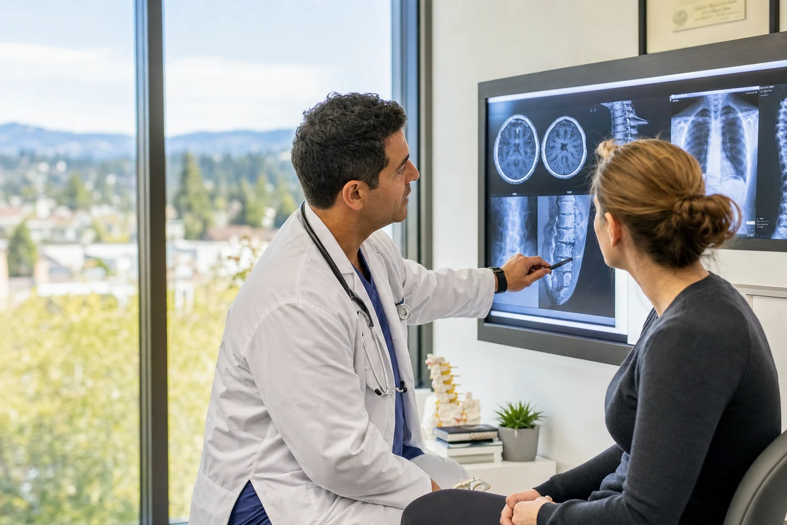 A medical professional examining an x-ray image depicting severe injury due to a commercial truck accident.