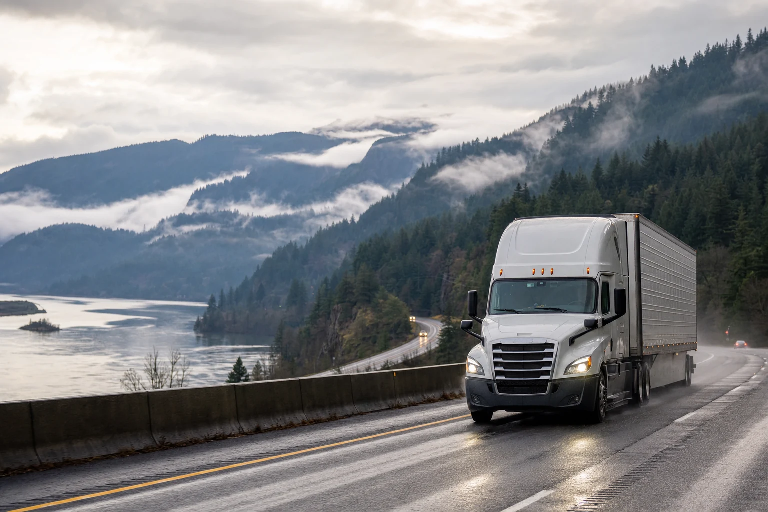 An image depicting a commercial truck navigating an Oregon highway, symbolizing the focus on safety measures enforced by the Federal Motor Carrier Safety Administration.
