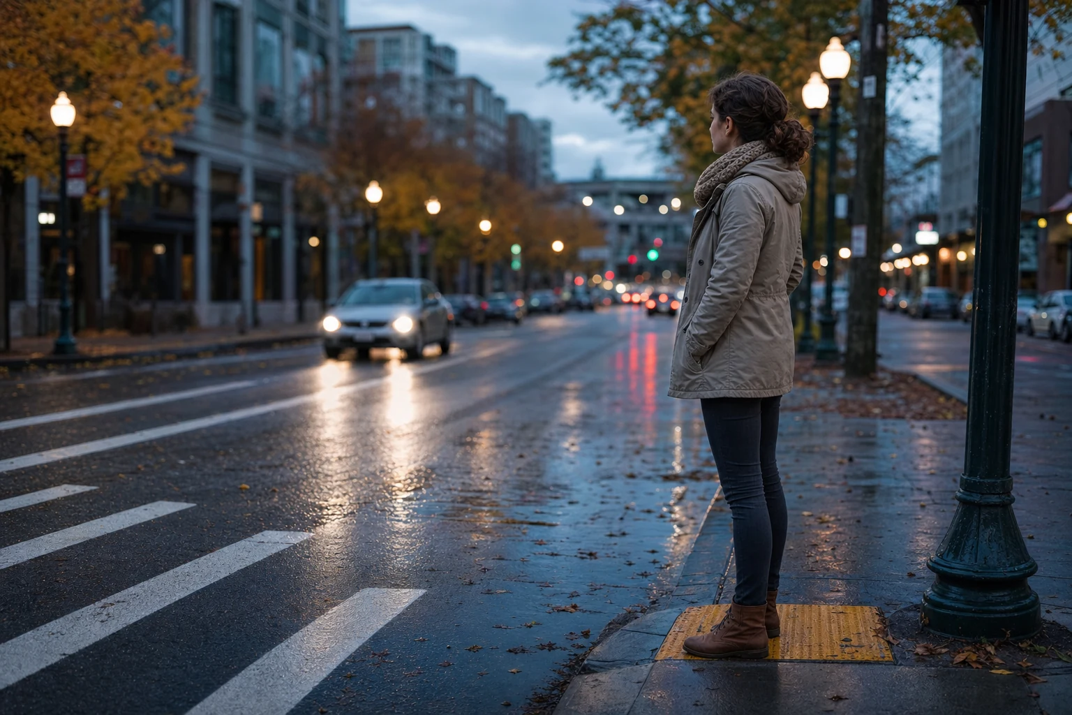 A concerned pedestrian wearing reflective clothing while crossing an Oregon street with caution