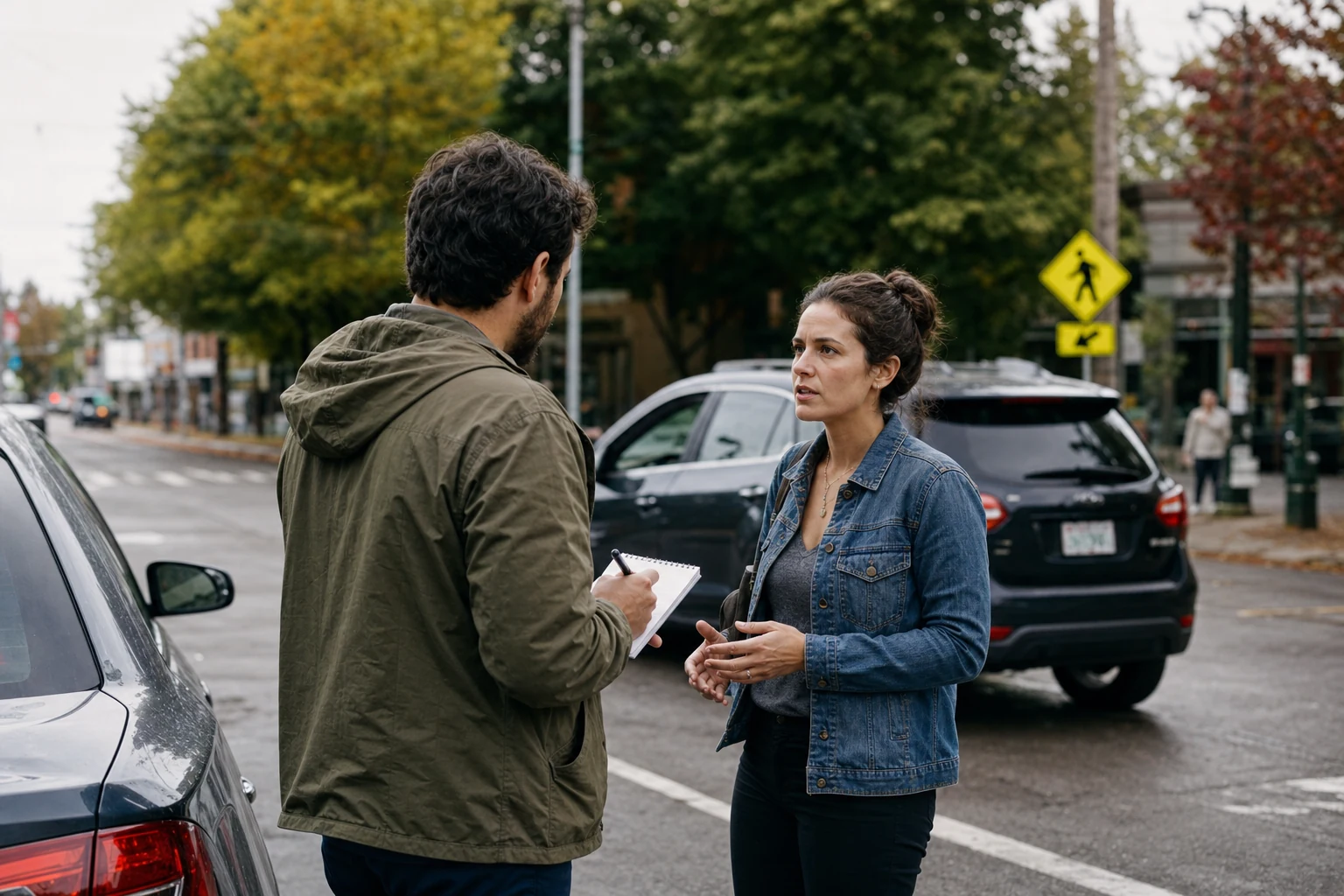 An illustration representing a car accident scene with potential witnesses observing from various angles.