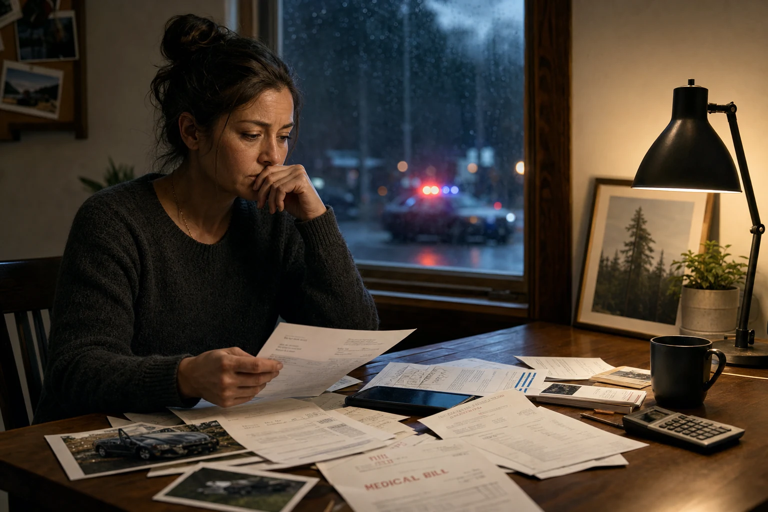 A worried family looking at numerous bills on a table representing the financial burden caused by a drunk driving accident.