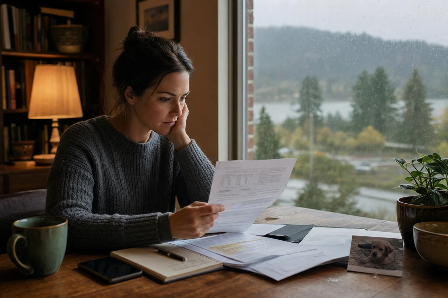 A worried person holding a stack of medical bills while recovering from a dog bite injury