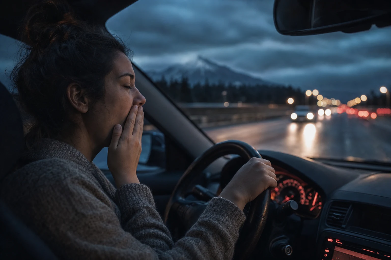 An exhausted driver at the wheel, illustrating the dangers of fatigued driving.