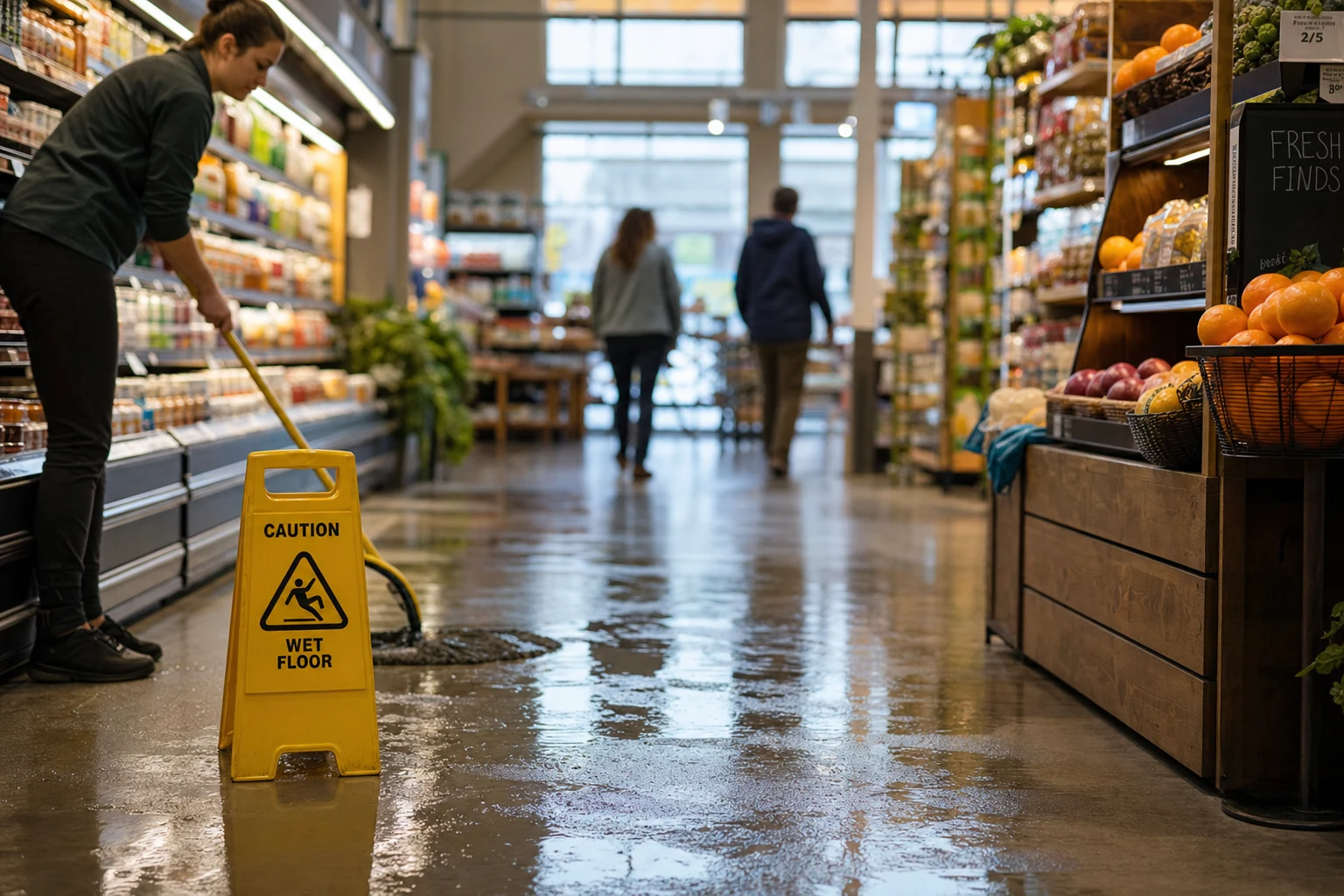 A well-lit, clutter-free aisle in a public store with visible wet floor sign indicating recent cleaning