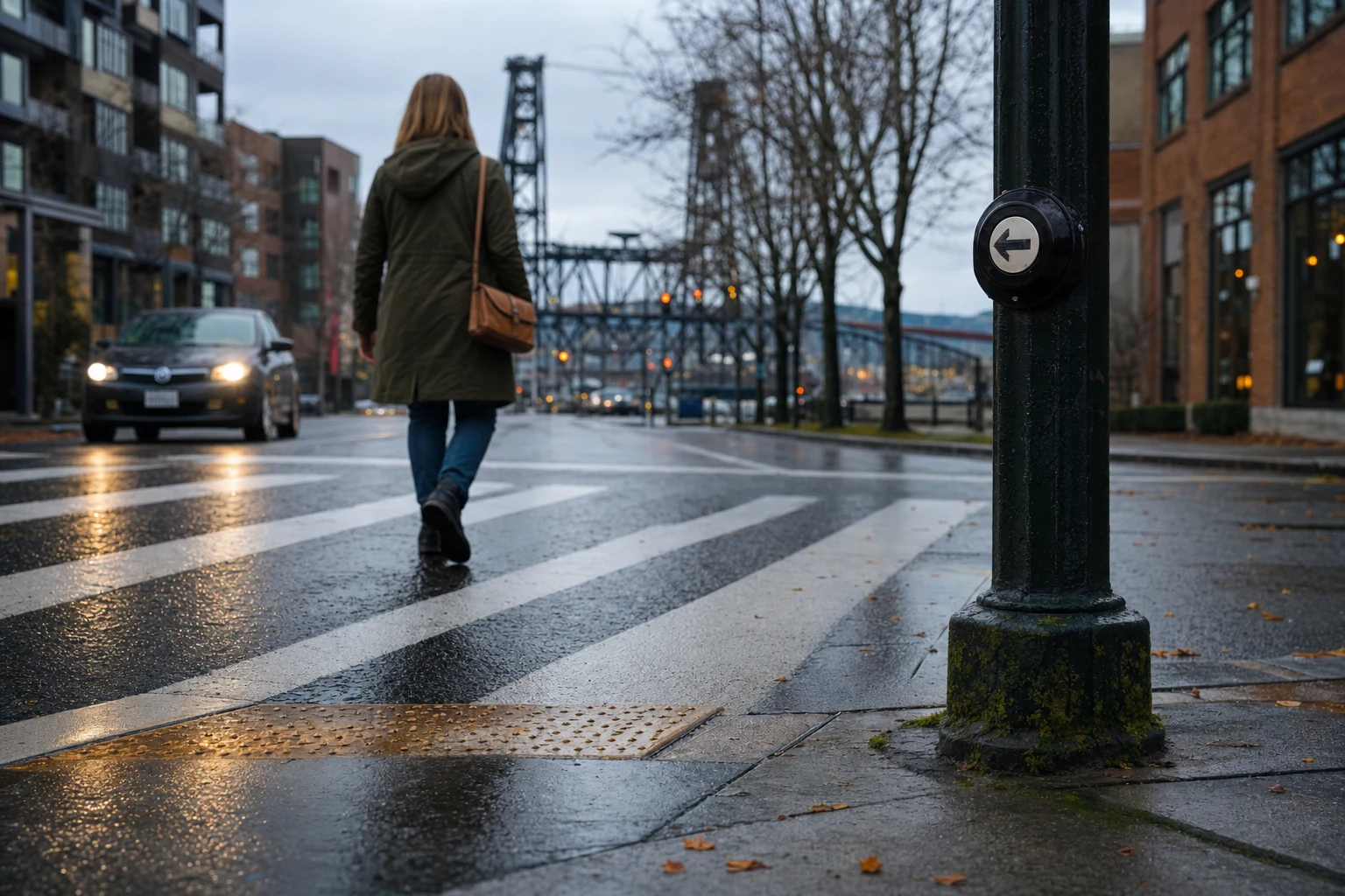 A person crossing the street at a crosswalk while cars wait for them to pass