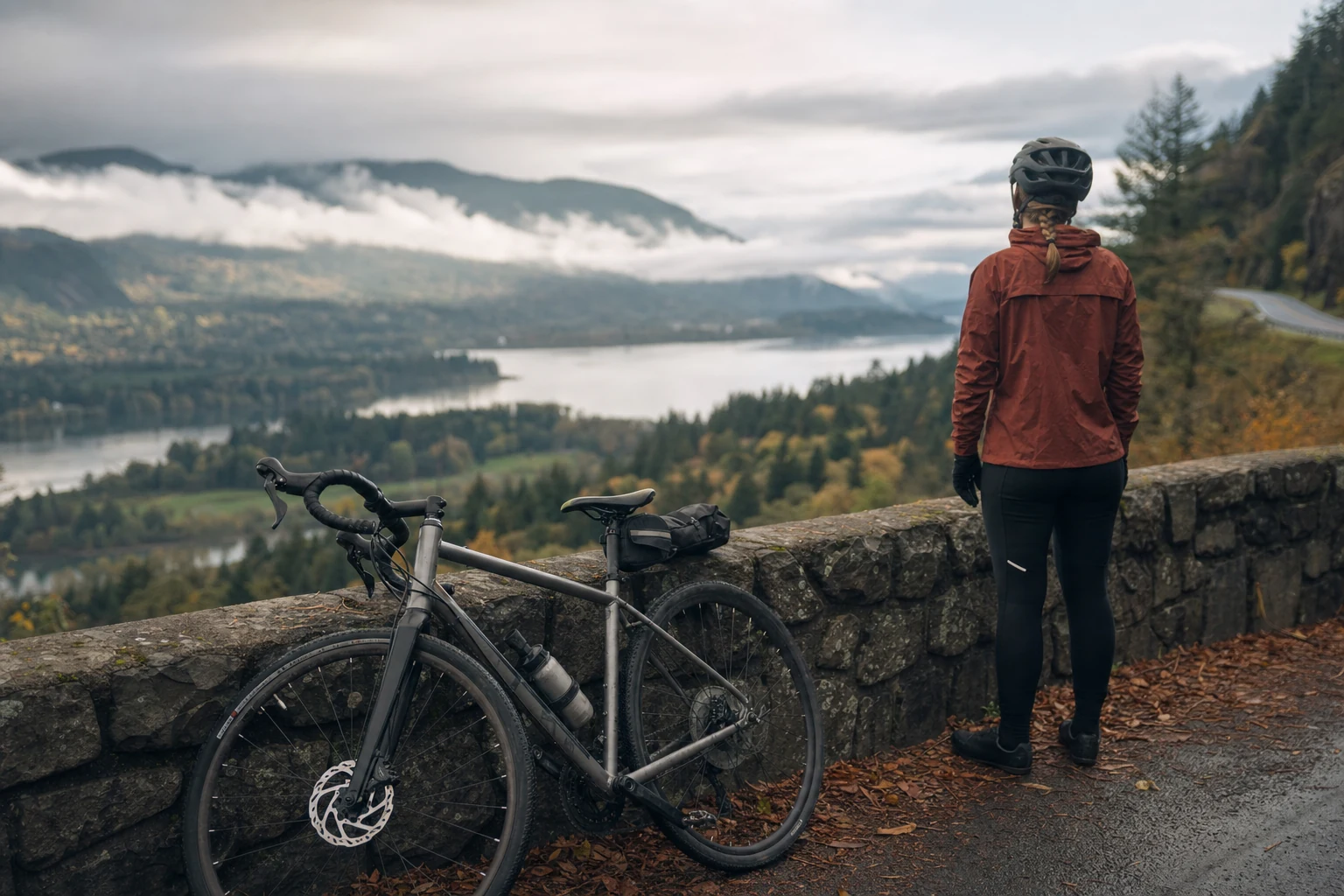 An image capturing a cyclist thoughtfully examining a road map beside their bike on an Oregon trail, symbolizing the strategic planning needed to navigate injury claims.
