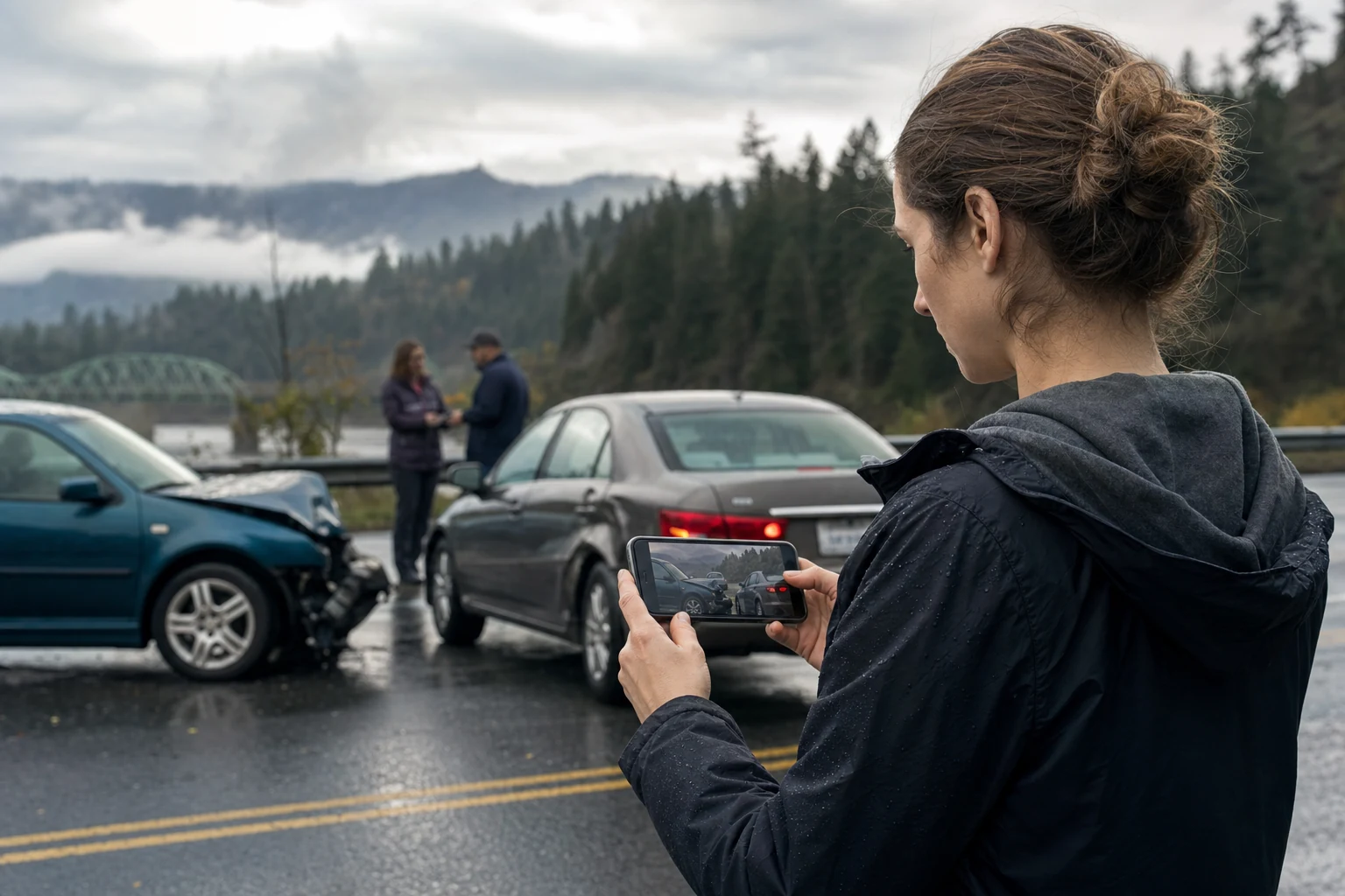 An experienced attorney analyzing a car accident scene, collecting essential evidence to determine fault under Oregon law.