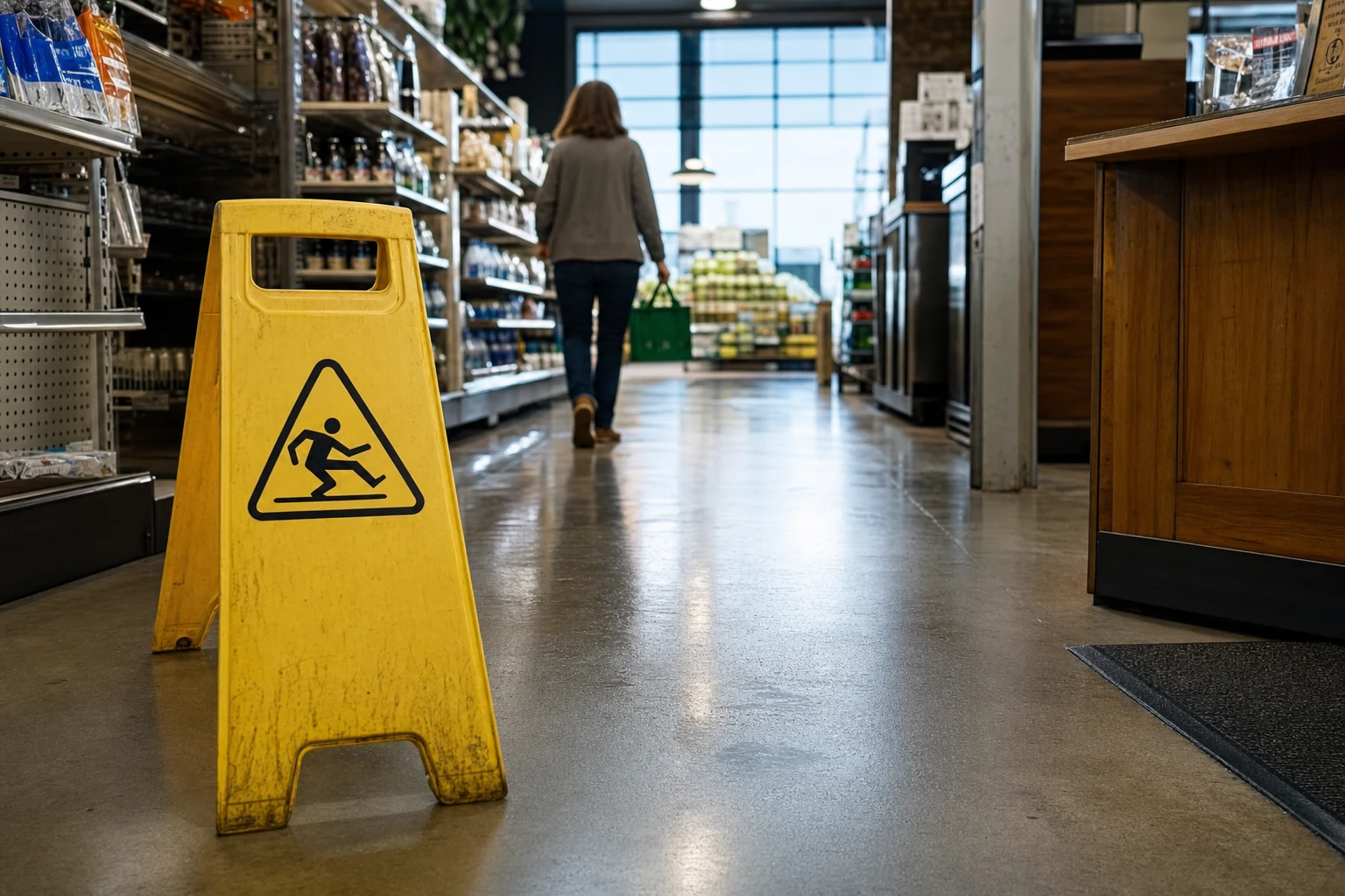 An image showing a warning sign at a grocery store where a spill has occurred, illustrating the concept of negligent maintenance.