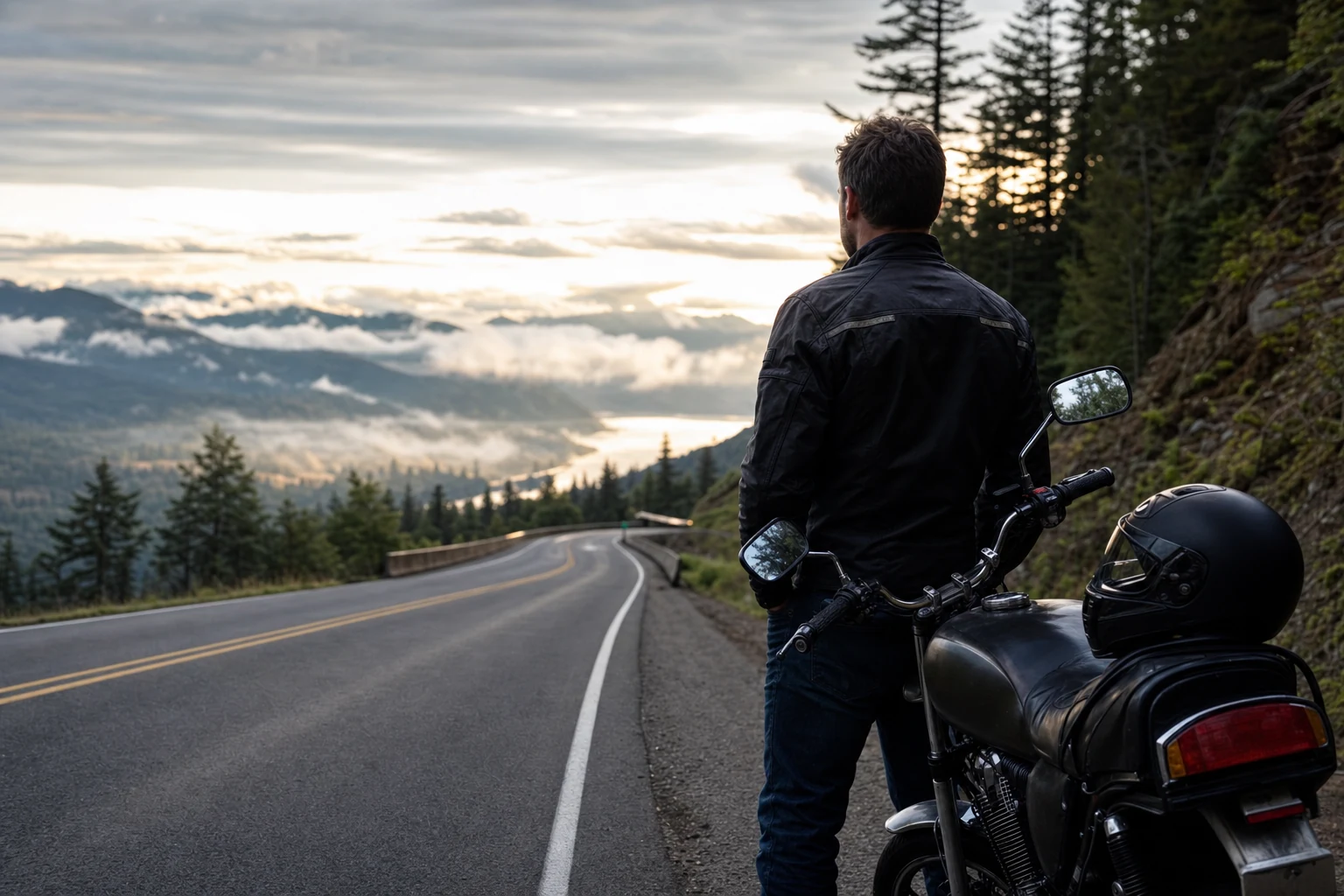 An Oregon highway with a motorcyclist riding safely while wearing a helmet - representing responsible road usage and the potential dangers faced by motorcyclists.