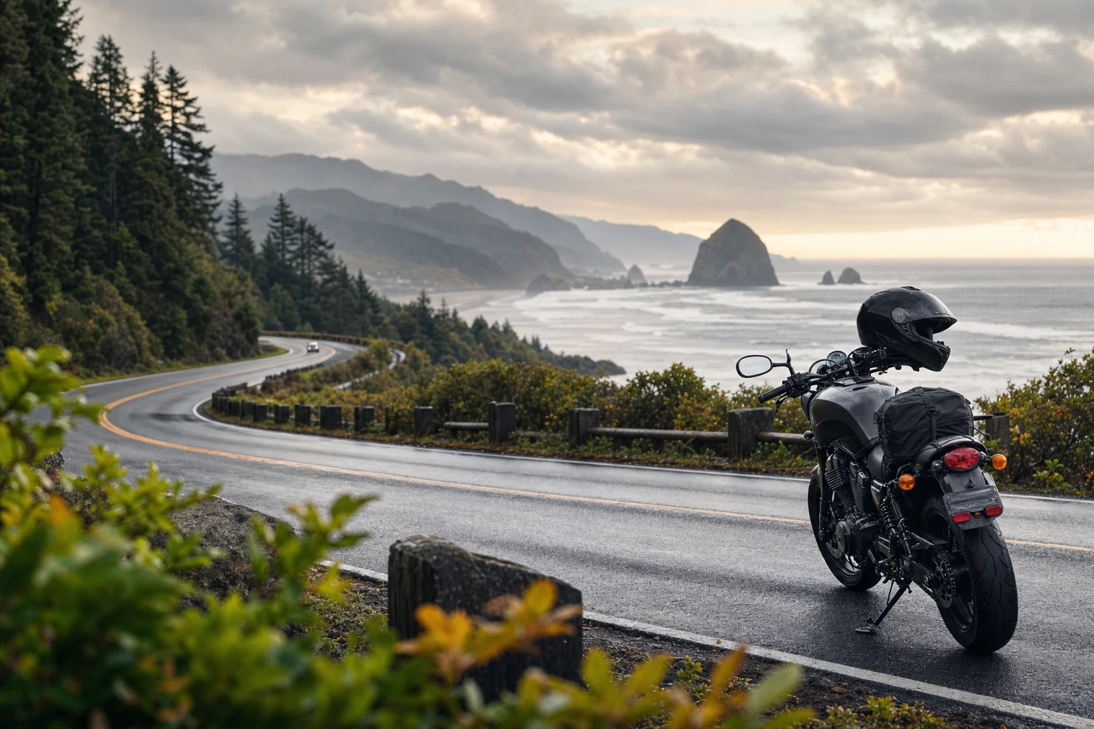 A motorcyclist navigating through traffic on an Oregon road with a focus on safety measures taken to avoid possible road hazards.
