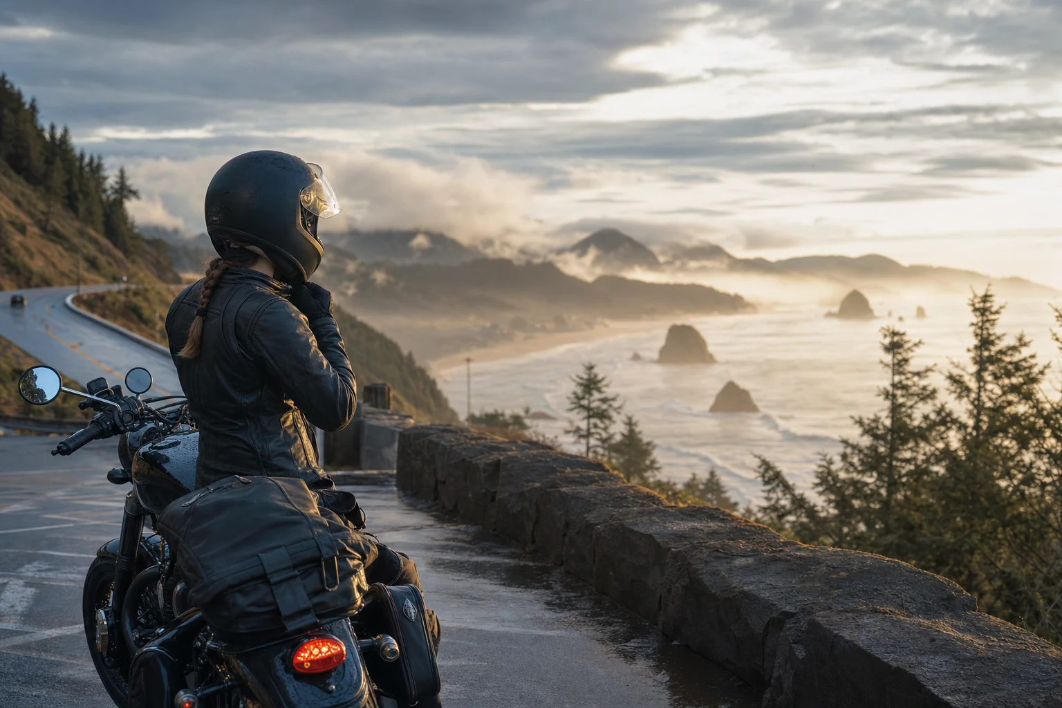 A motorcyclist wearing full protective gear including helmet while riding down an open Oregon highway.