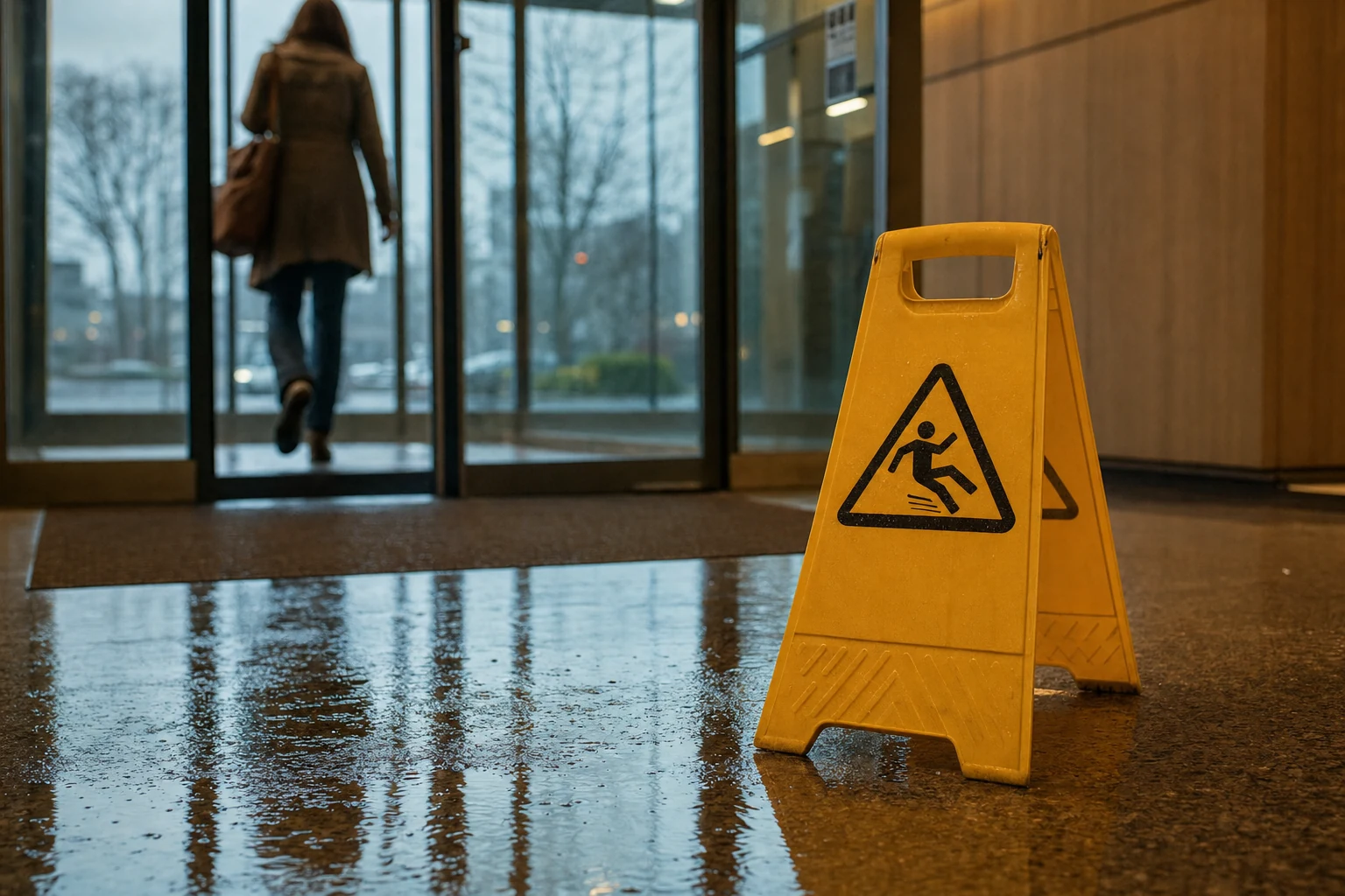 A caution sign on a wet floor inside a building highlighting potential slip and fall hazards.