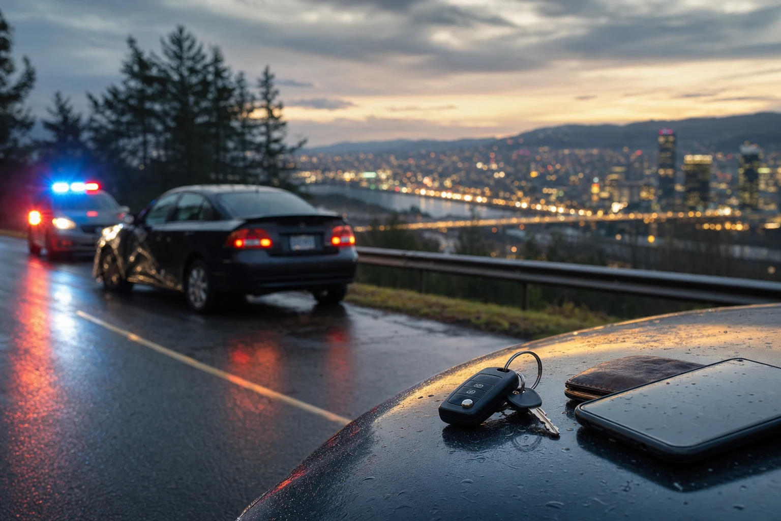 A broken car headlight on the road at night symbolizing a DUI accident scene with police lights reflecting in the background.