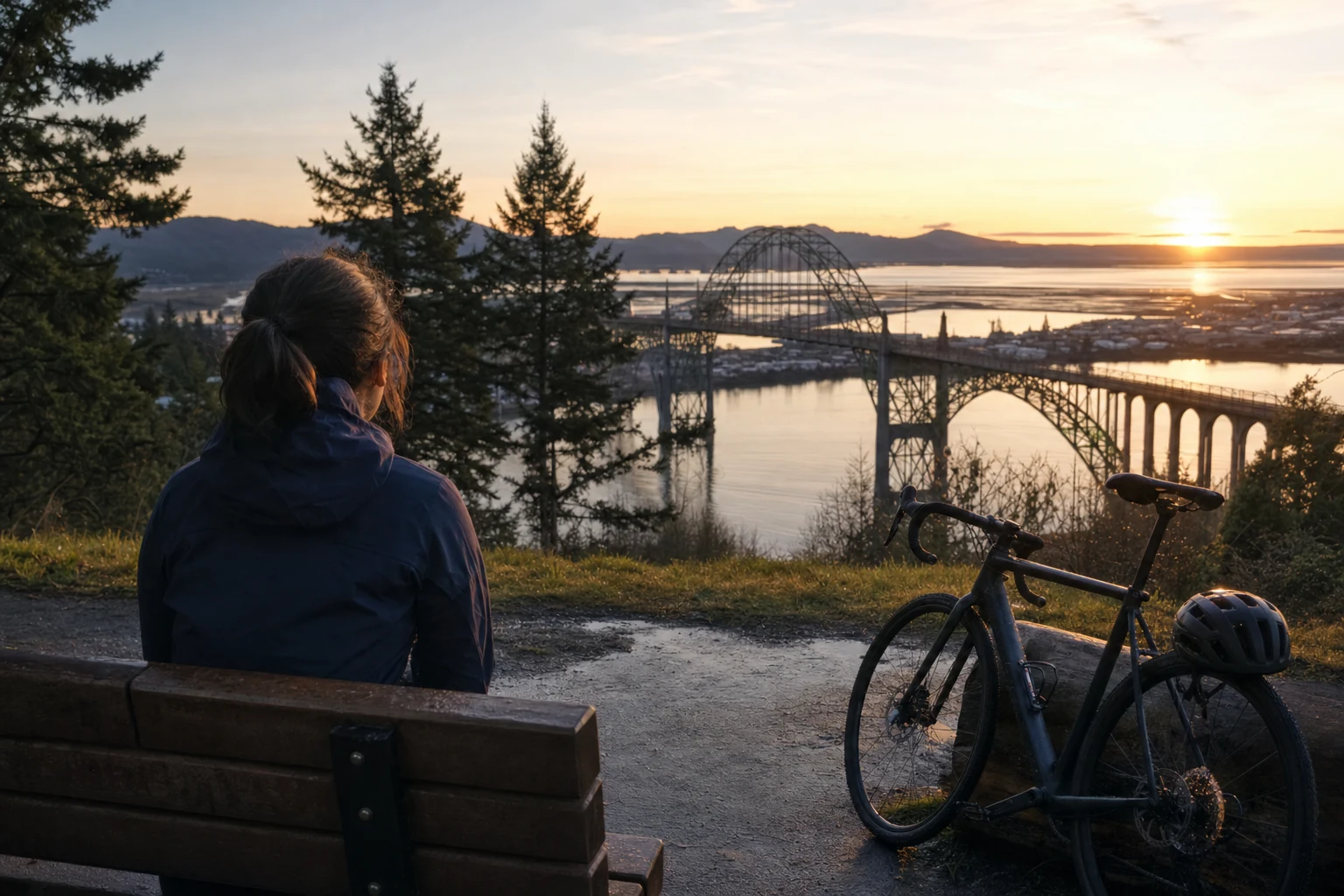 A thoughtful cyclist pausing at a scenic overlook in Oregon, reflecting on the journey of recovery and resilience after an accident.