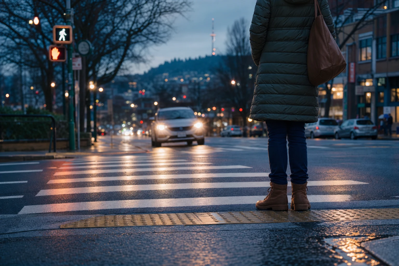 An empty street at night signifying dangerous conditions for pedestrians with a highlighted crosswalk symbolizing safety measures.