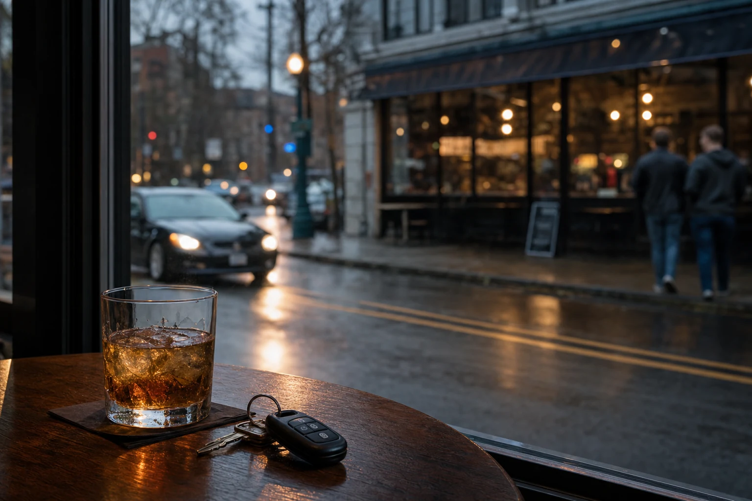 A gavel resting on a legal document detailing the specifics of an Oregon dram shop lawsuit over a blurred background featuring a night scene with bar lights.