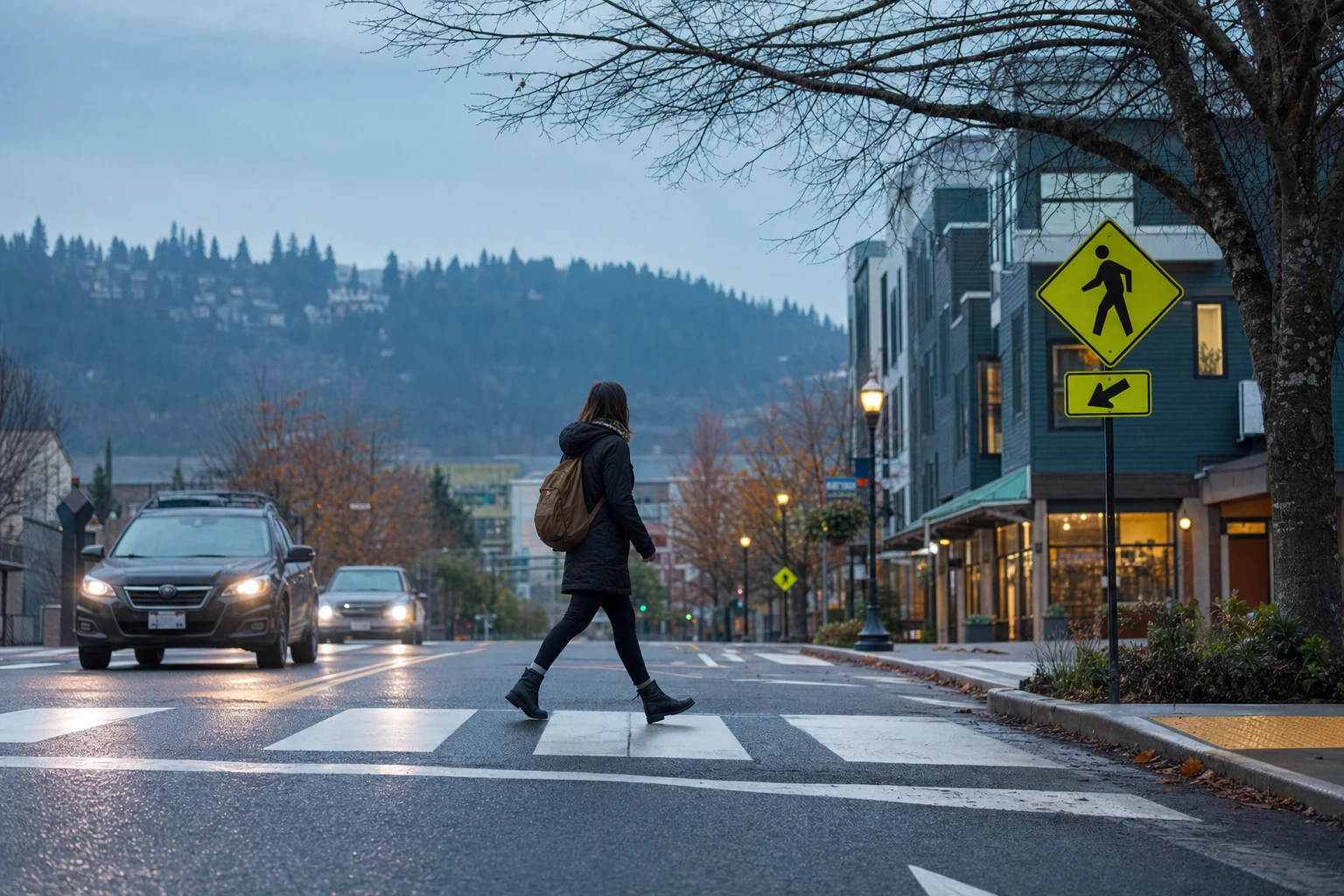 An Oregon crosswalk with pedestrians walking cautiously as vehicles approach, highlighting the need for improved safety measures.