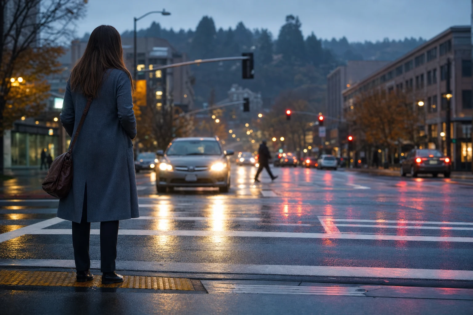 A street scene after dusk showing a marked pedestrian crossing with improved lighting as a measure to prevent pedestrian accidents.
