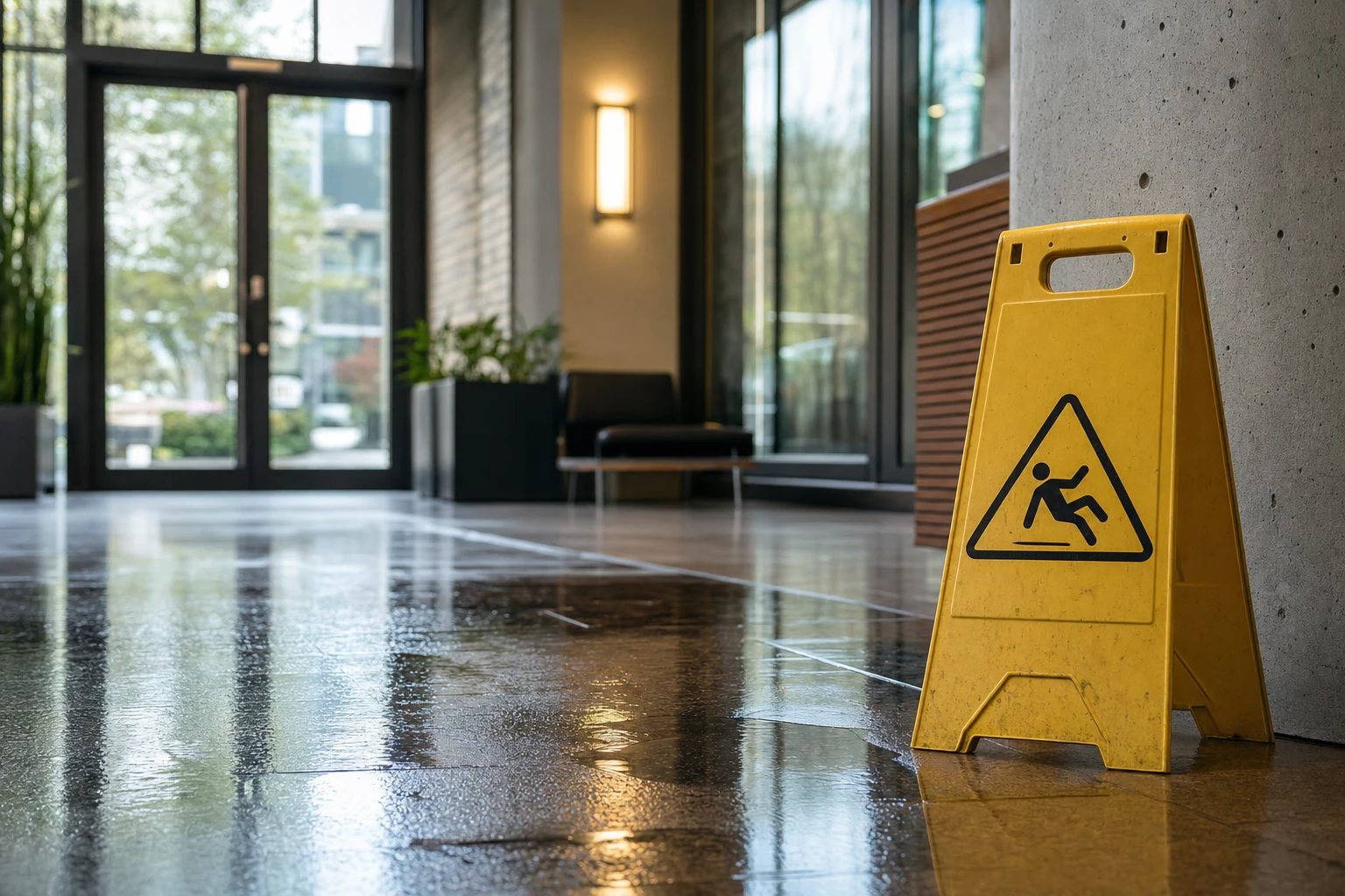 An empty grocery store aisle with a 'Caution: Wet Floor' sign prominently displayed, highlighting proactive measures against slip and fall hazards.