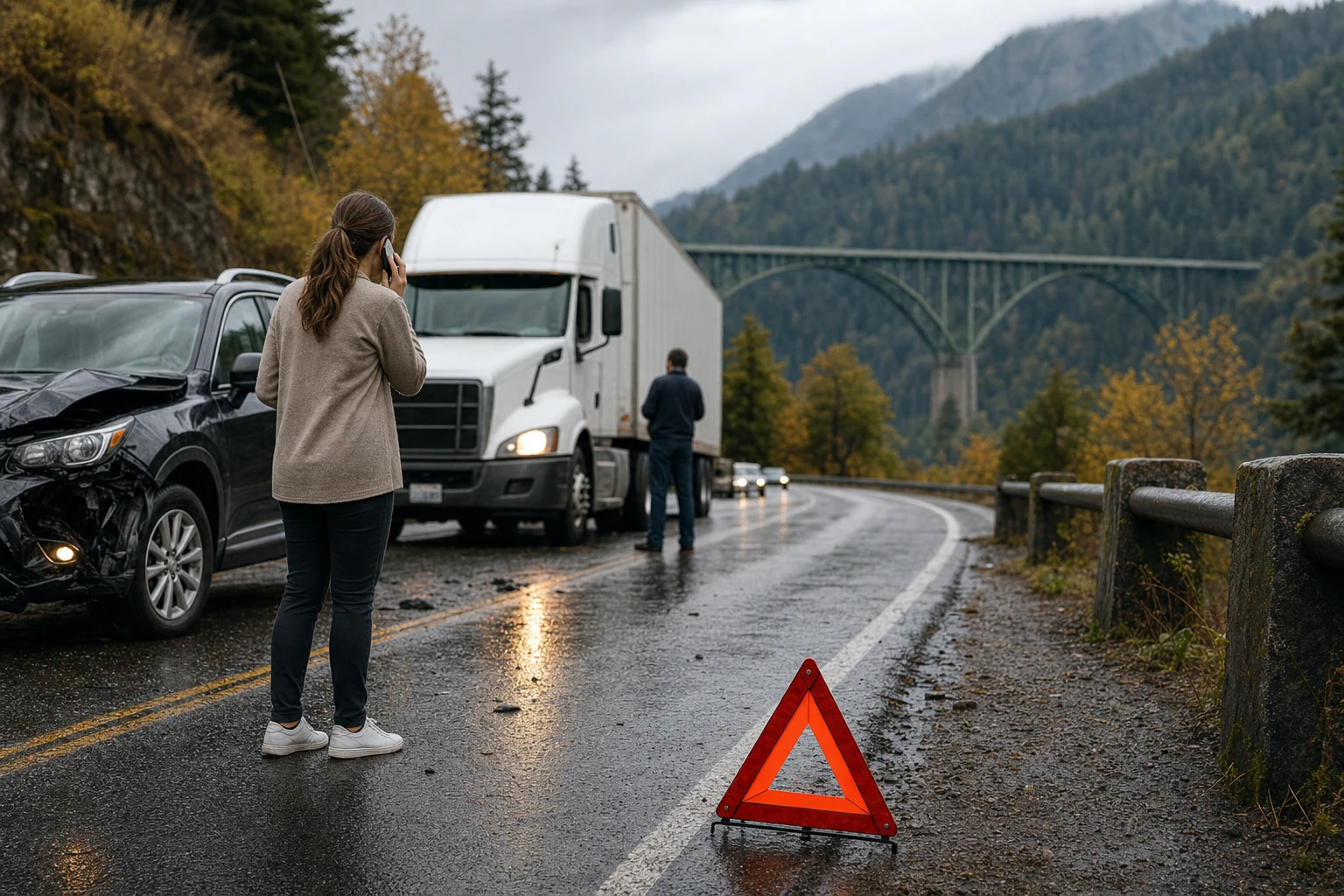 Image showing a distressed driver contacting authorities after an accident, symbolizing the need to report motor vehicle incidents as per Oregon law.
