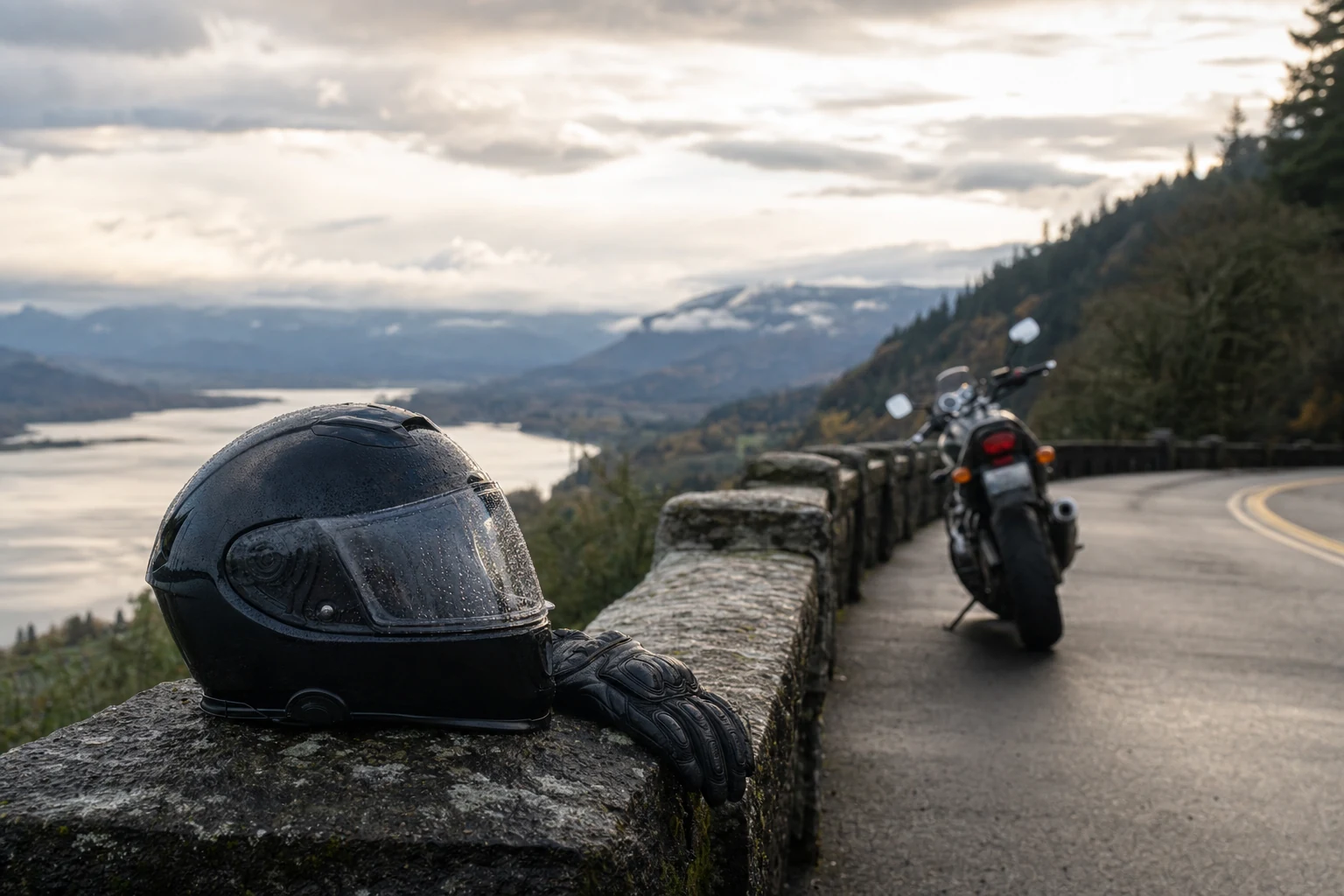 An image showcasing a motorcyclist wearing protective gear including helmet on an open road - symbolizing safety measures against motorcycle accidents.