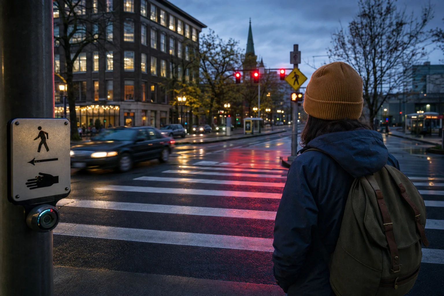 A city intersection illuminated by car headlights at night symbolizing high-risk areas for pedestrian fatalities due to speeding, distracted or intoxicated drivers.