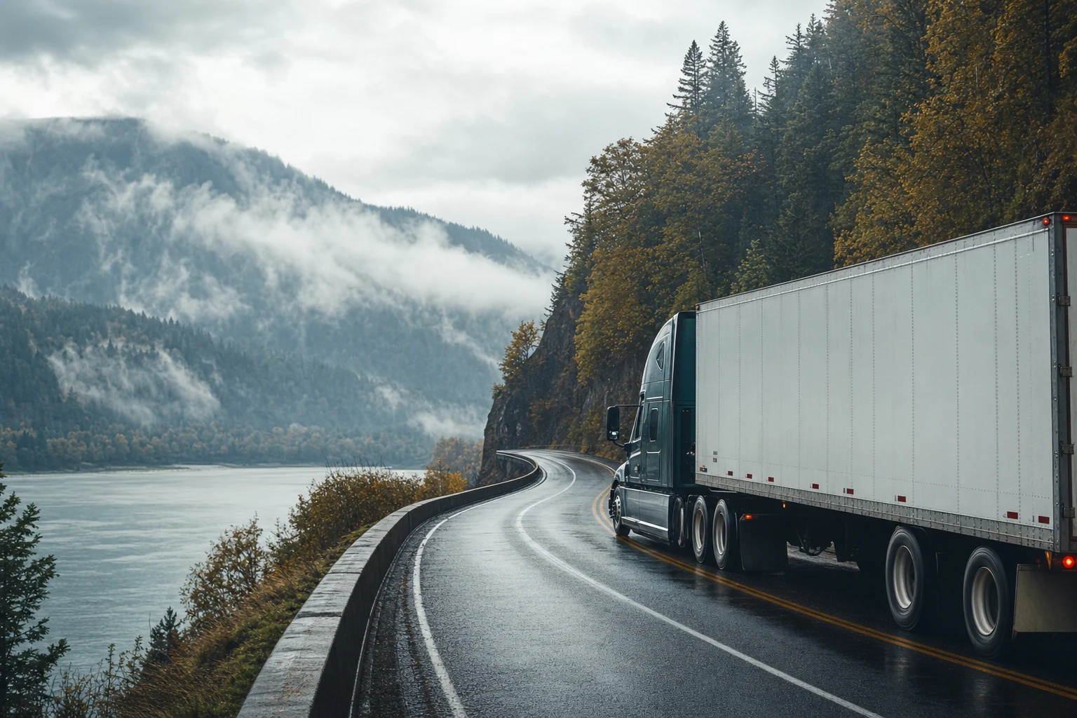 "Close-up of a commercial truck on an Oregon highway, emphasizing the complexities of truck accident claims and legal frameworks in the state."