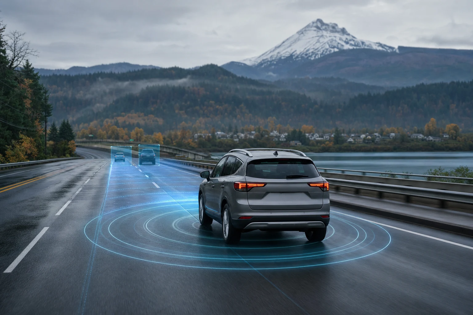 A graphic showing different technological tools used for preventing road accidents such as automatic emergency braking system and vehicle-to-vehicle communication devices.