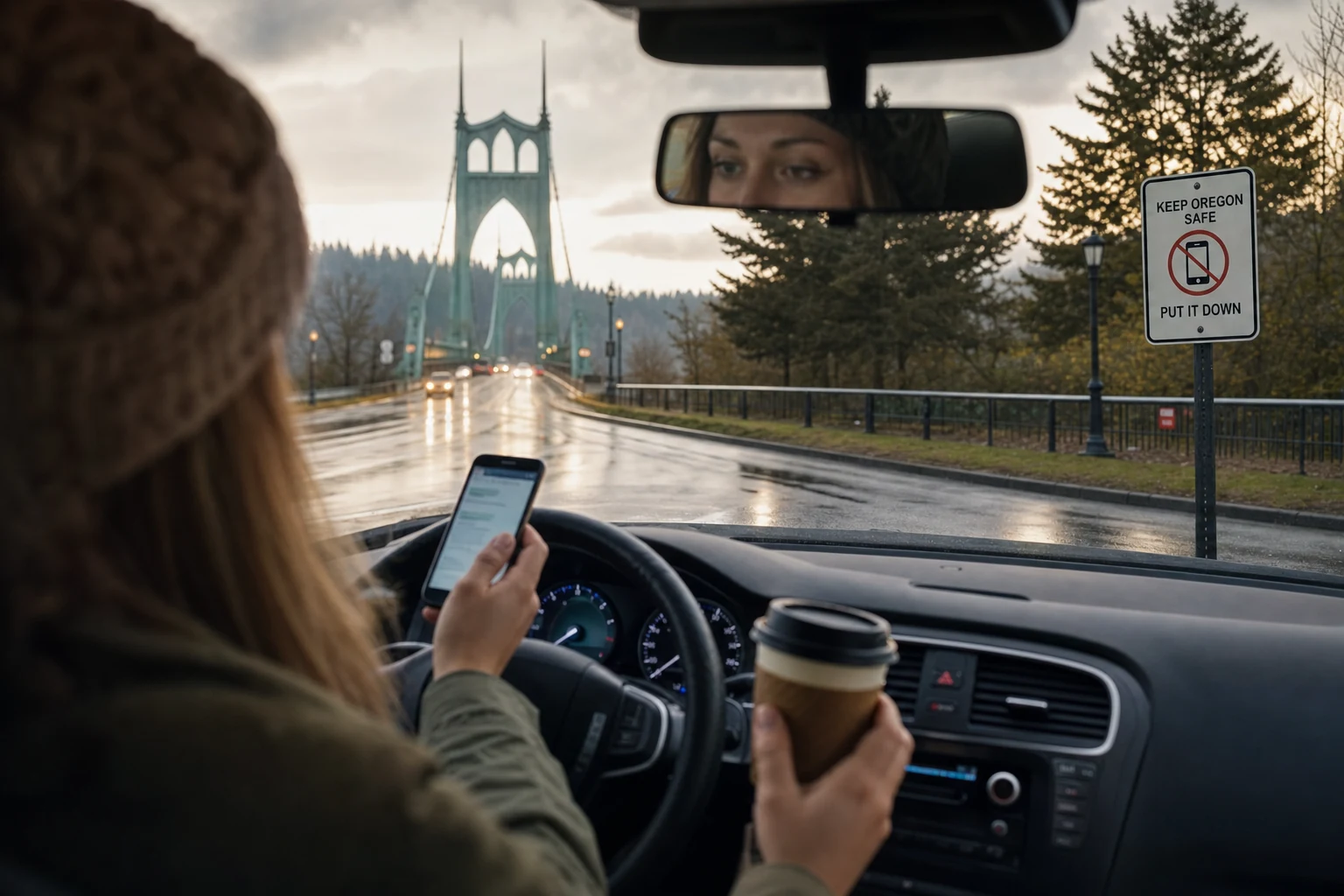 A driver being distracted by his cellphone while at the wheel