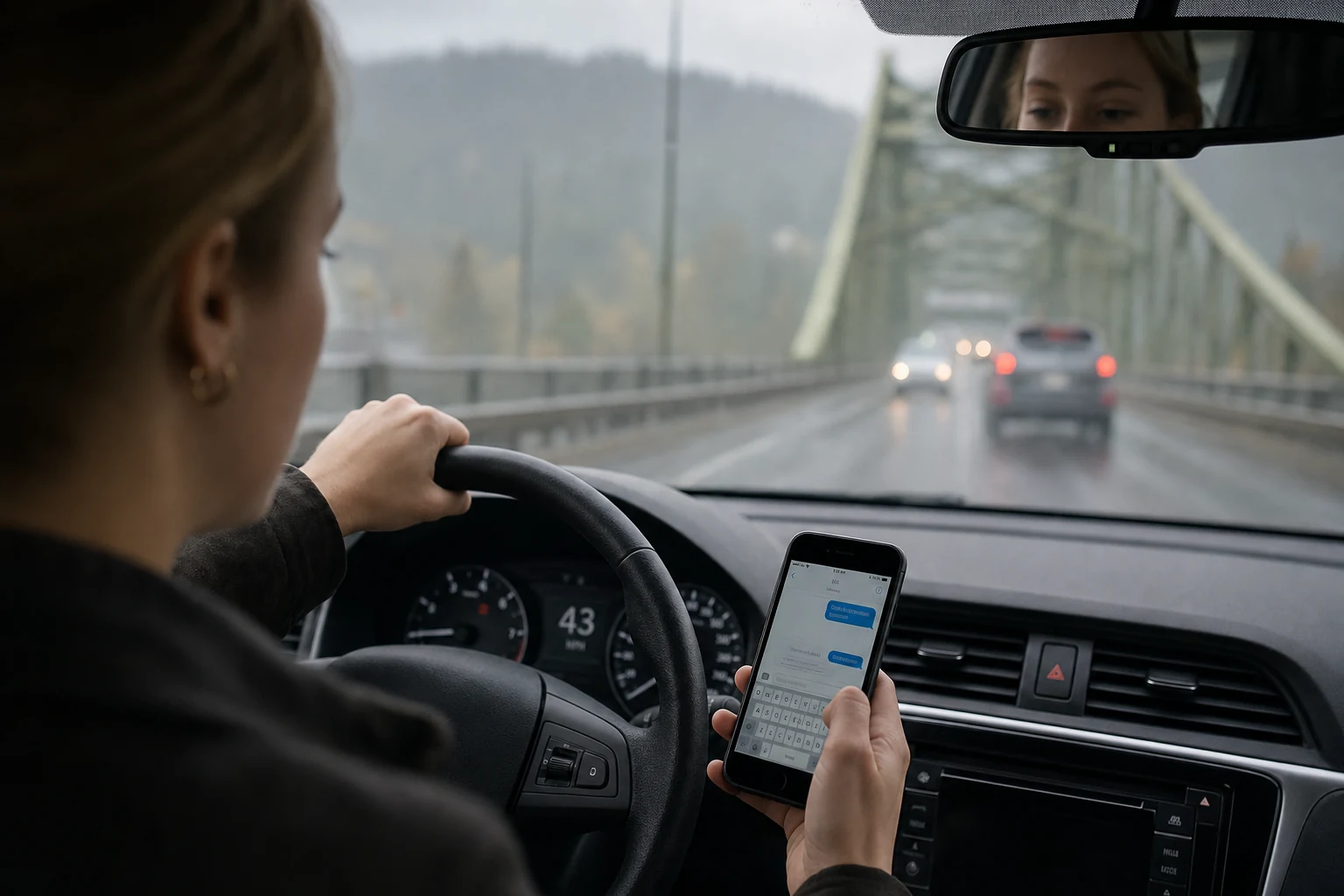 A driver dangerously looking at his phone while operating a vehicle on an Oregon highway.