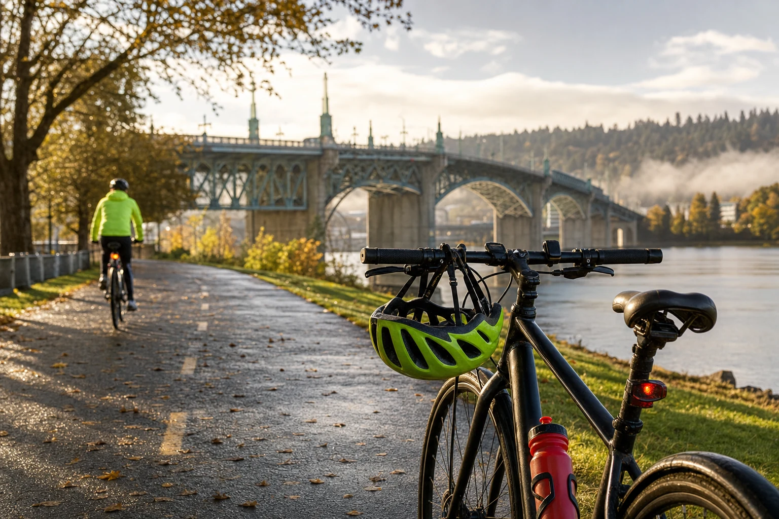 An adult cyclist wearing a helmet and protective gear while riding a bike on an Oregon road to highlight bicycle safety measures.