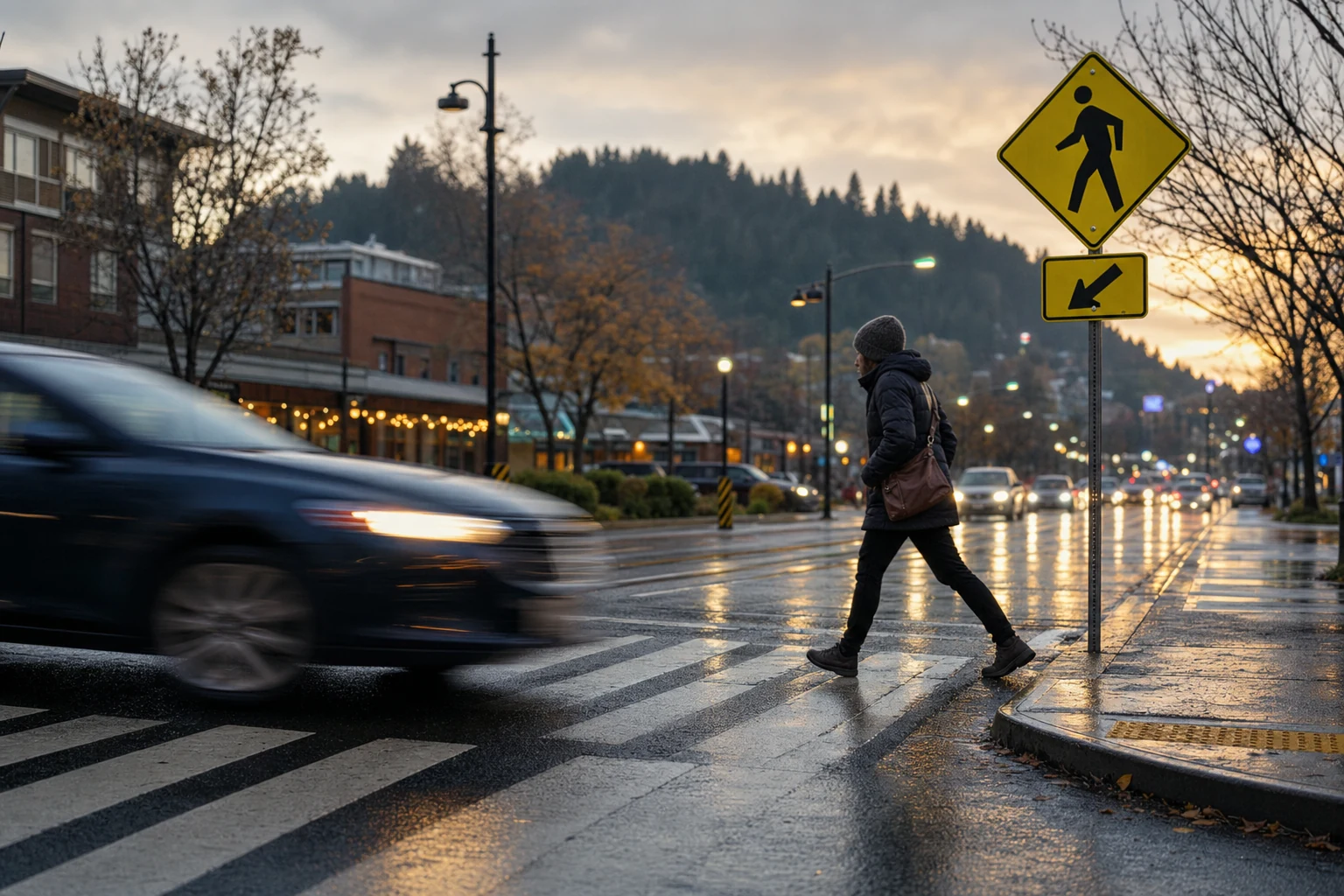 A pedestrian crossing sign with blurred cars speeding by, illustrating the dangers faced by pedestrians due to high-speed traffic.