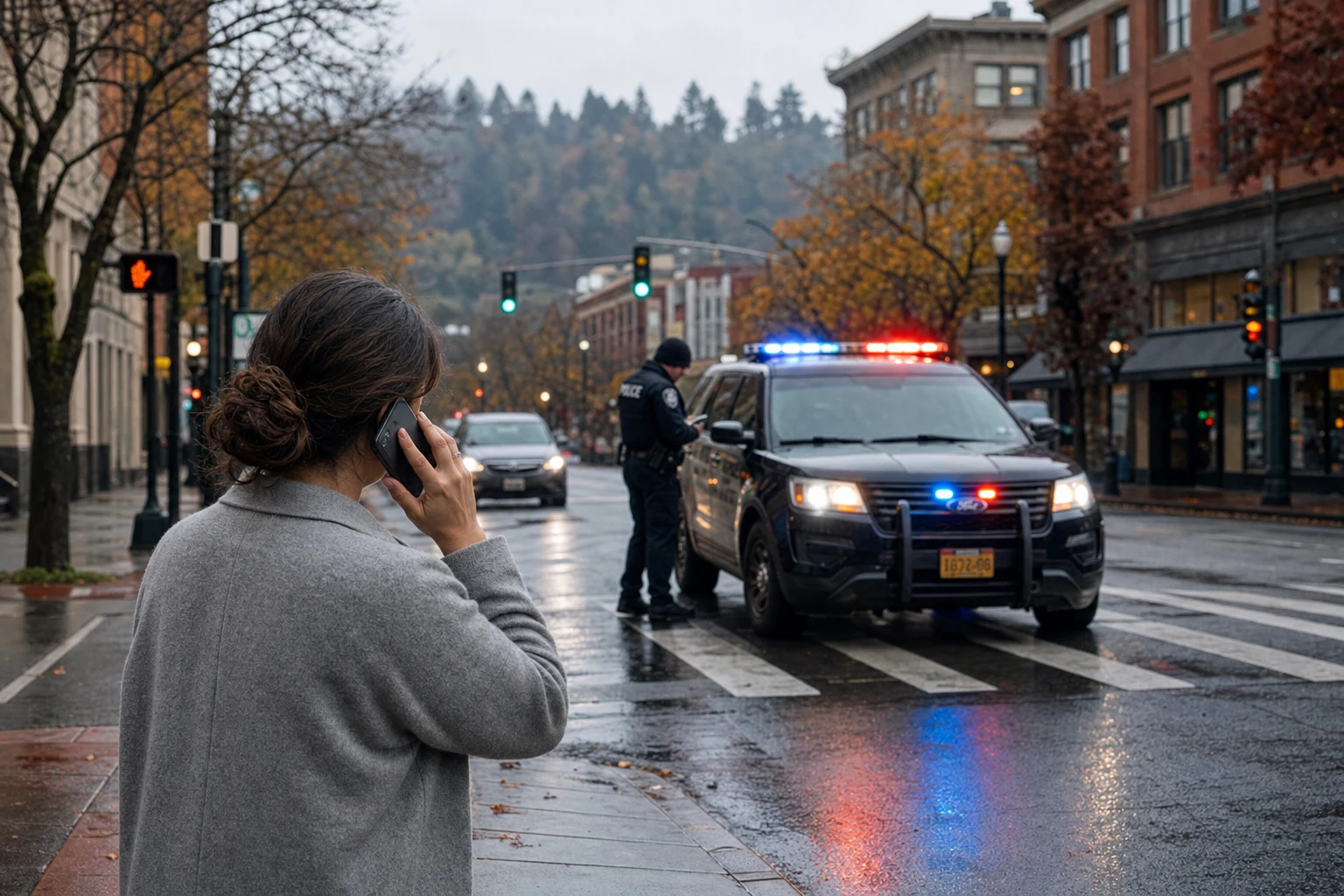 An Oregon police officer arriving at the scene of a pedestrian accident with his notebook ready