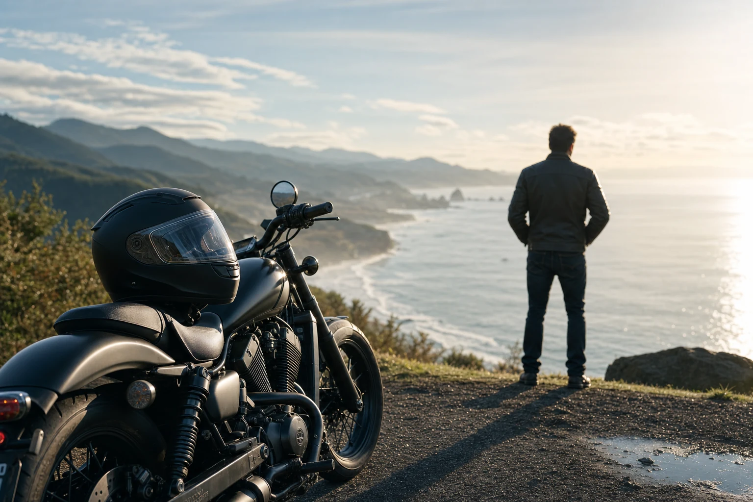 A motorcyclist wearing a certified safety helmet with advanced features like Bluetooth connectivity, preparing for a ride.
