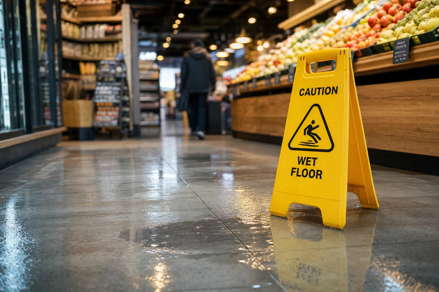 A caution sign placed on a recently mopped store floor symbolizing the risk of slip-and-fall accidents.