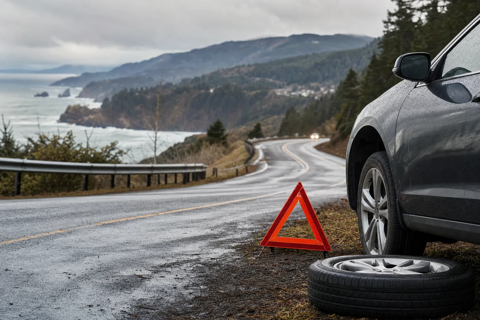 "Close-up of a damaged car on the roadside in Oregon, highlighting the importance of understanding vehicle defects and legal rights for accident victims."
