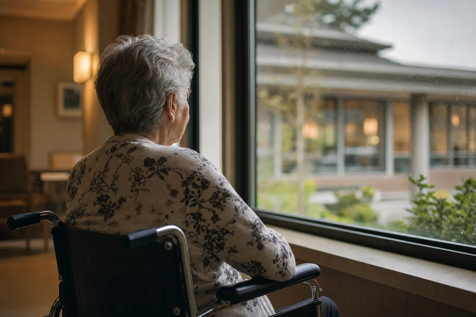 "Image of a concerned family member visiting a nursing home resident in Oregon, highlighting issues of abuse and liability in elder care facilities."