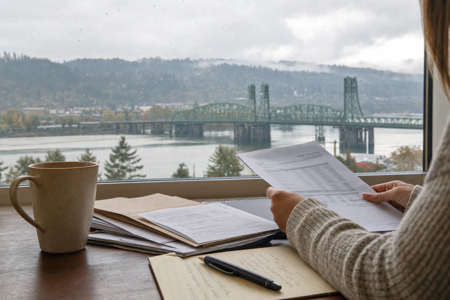 A gavel and legal documents depicting personal injury lawsuits with a background image of Portland, representing Oregon's specific laws.