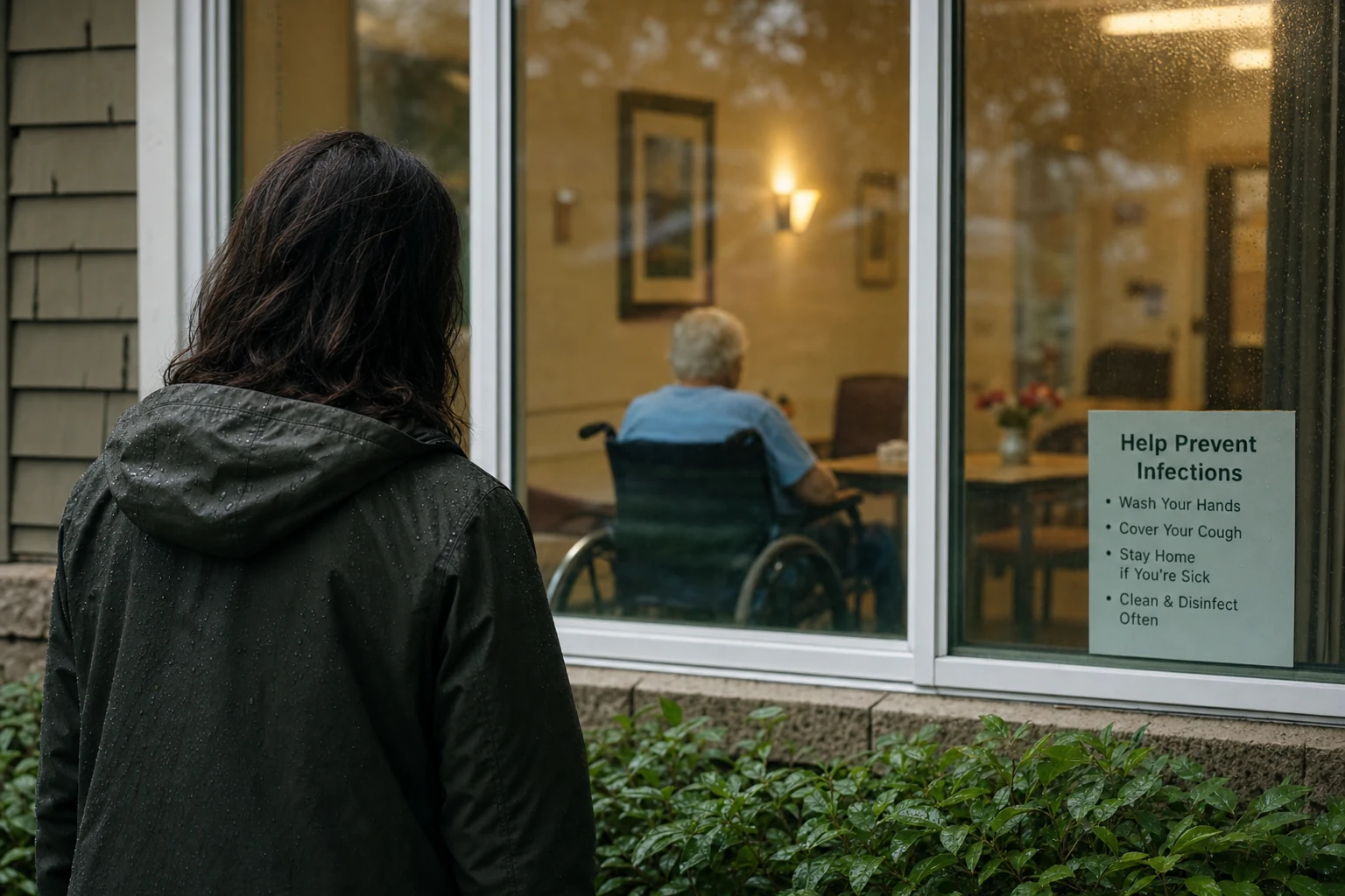 "Image of concerned family visiting an elderly loved one in an Oregon nursing home, highlighting infection risks and legal rights for victims advocated by Pacific Injury Law Firm."