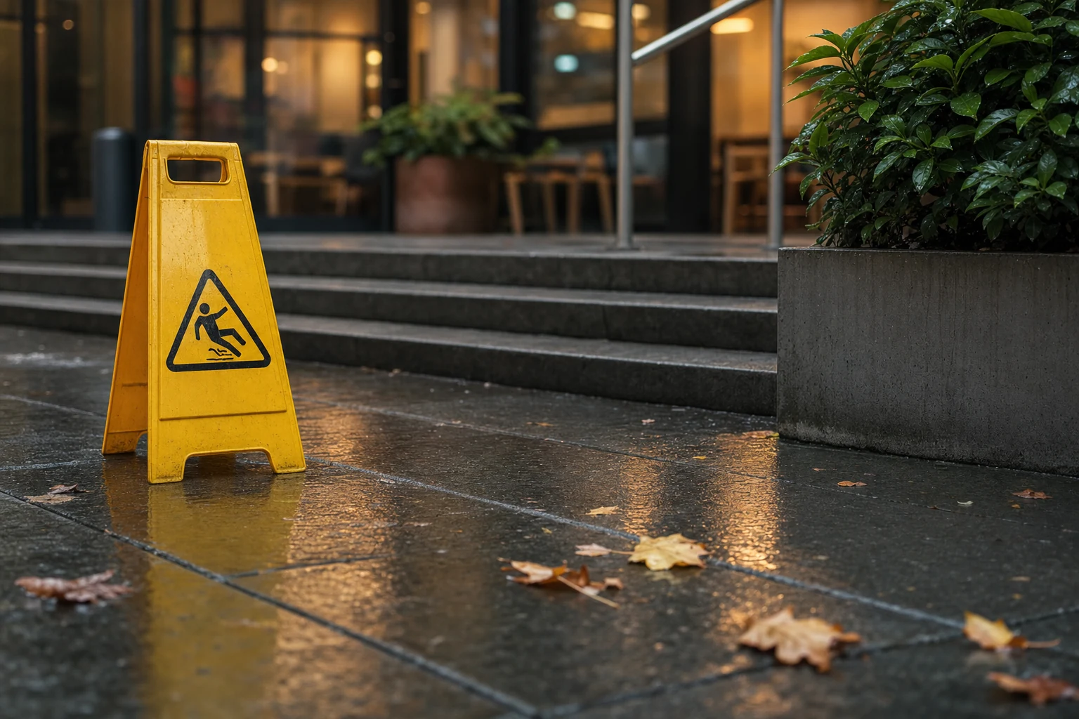 An image depicting a slip-and-fall accident scene at a commercial property indicating lack of safety measures.