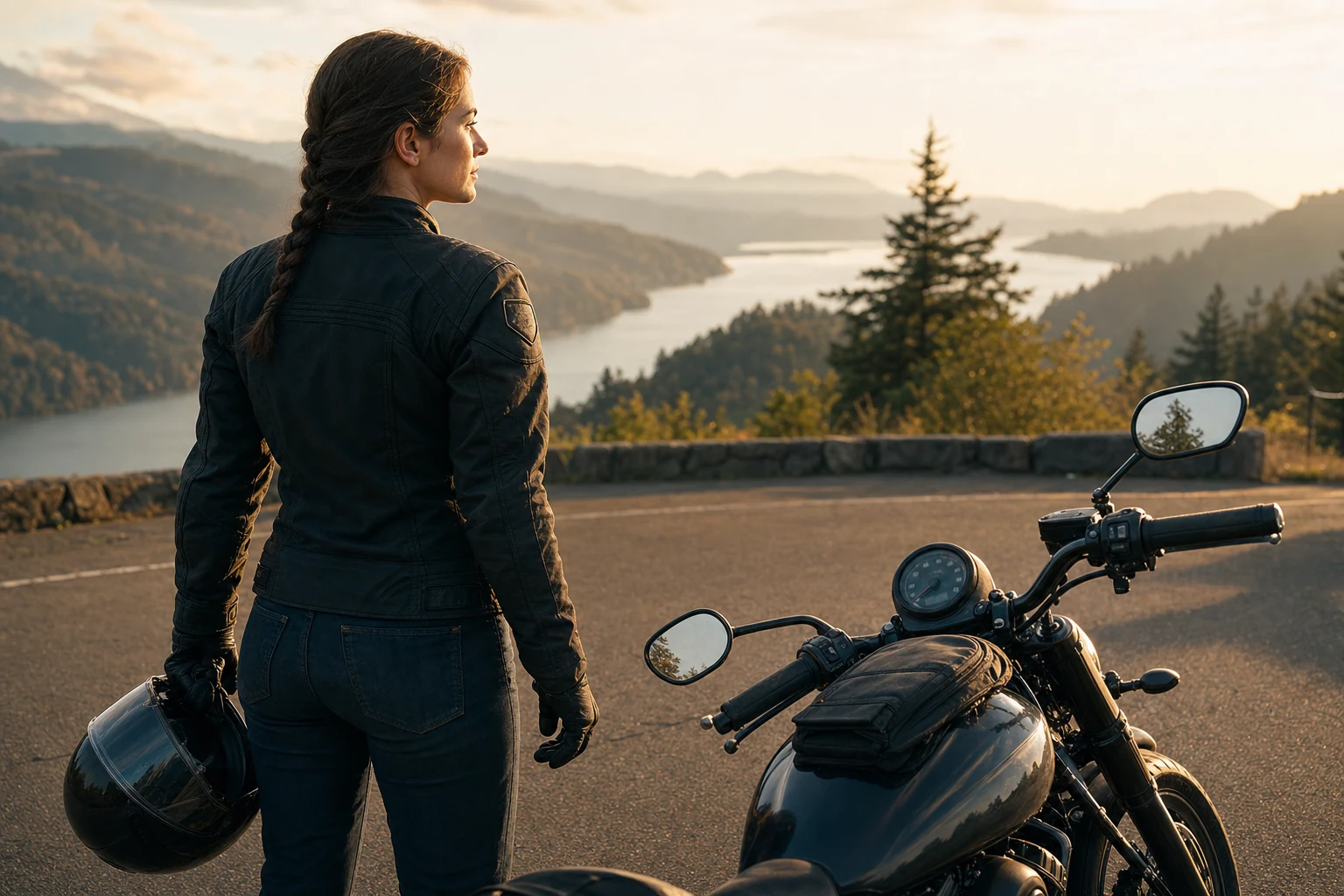 An equipped motorcyclist following traffic rules while cruising down a scenic road in Oregon, embodying responsible riding practices.