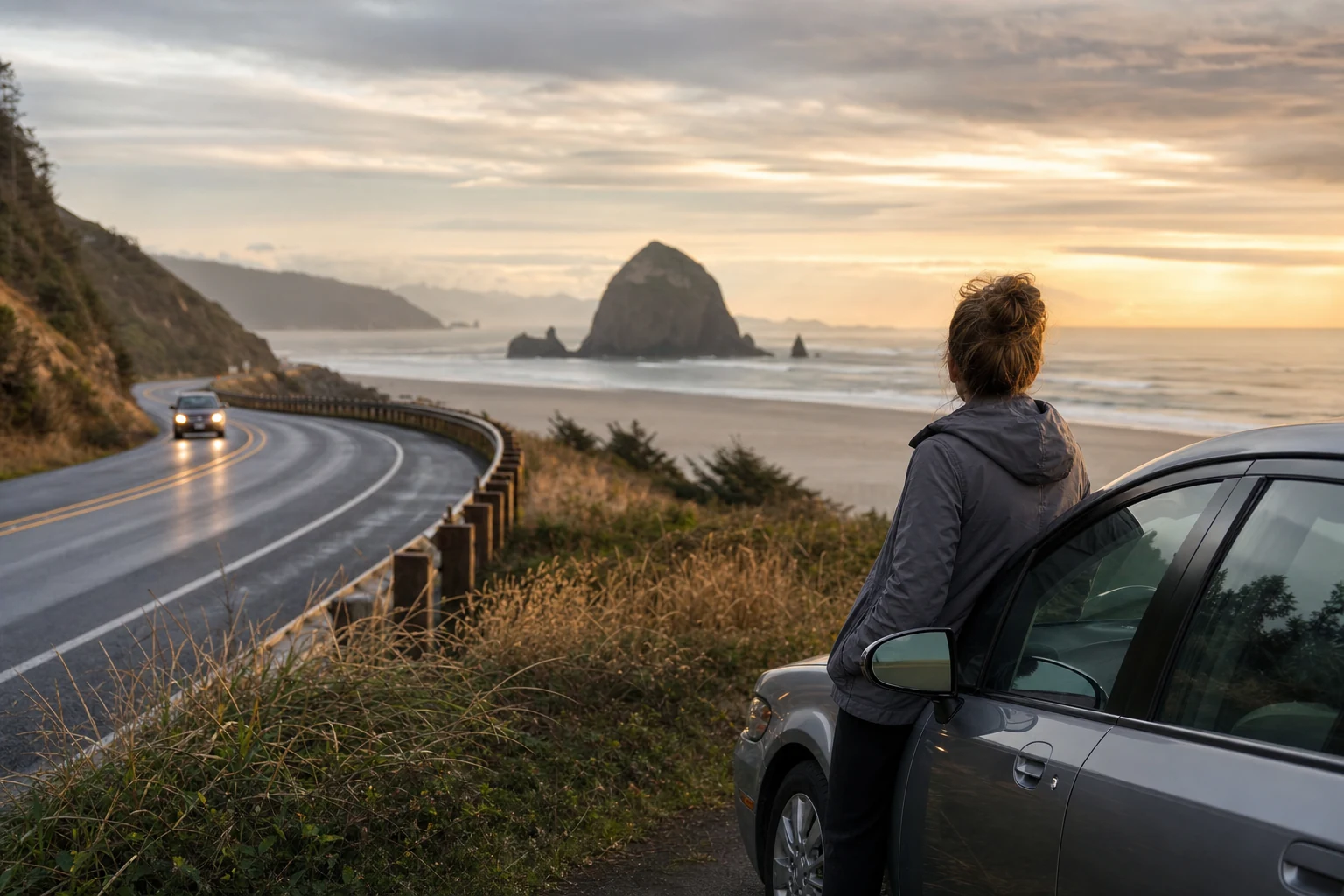 Oregon road sign with car insurance policy papers in the background symbolizing motorist coverage